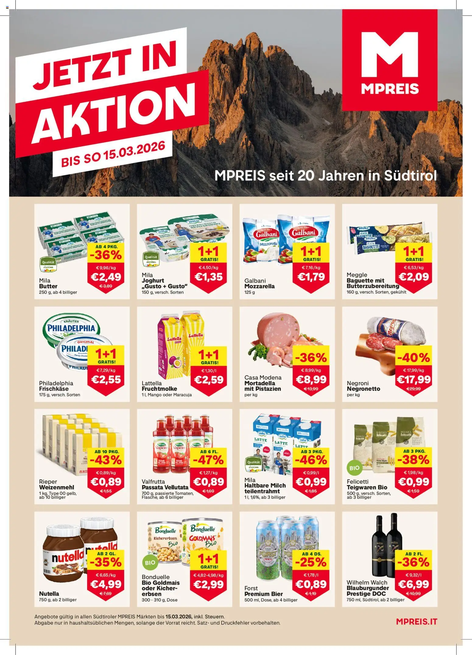 Vorschau der Angebote: MPREIS Algund gültig ab 01.03.2026 - Mango, Baguette, Bier, Nutella, Milch, Butter, Joghurt, Erbsen