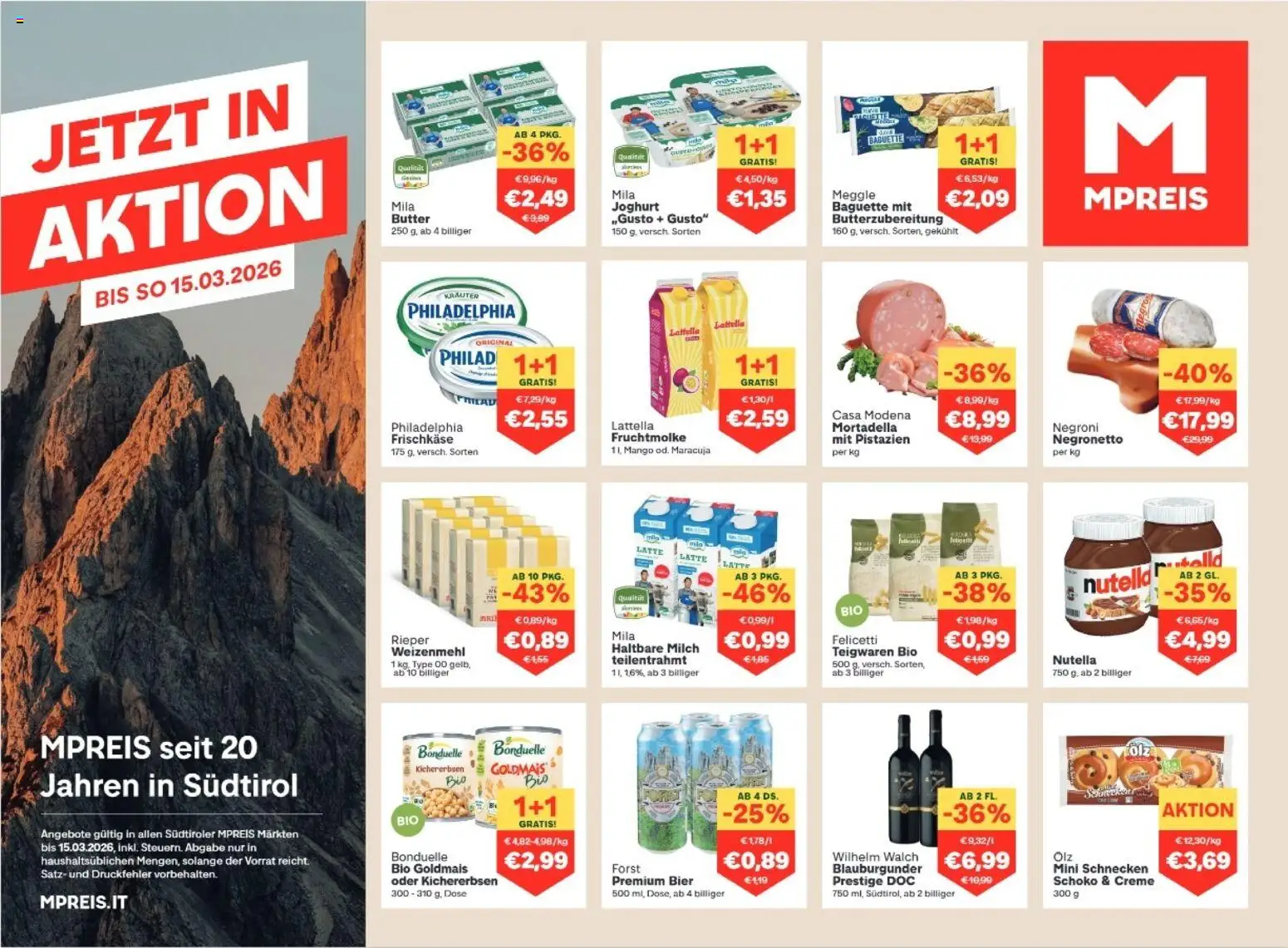 Vorschau der Angebote: MPREIS Algund gültig ab 01.03.2026 - Mango, Baguette, Bier, Nutella, Milch, Butter, Joghurt, Erbsen