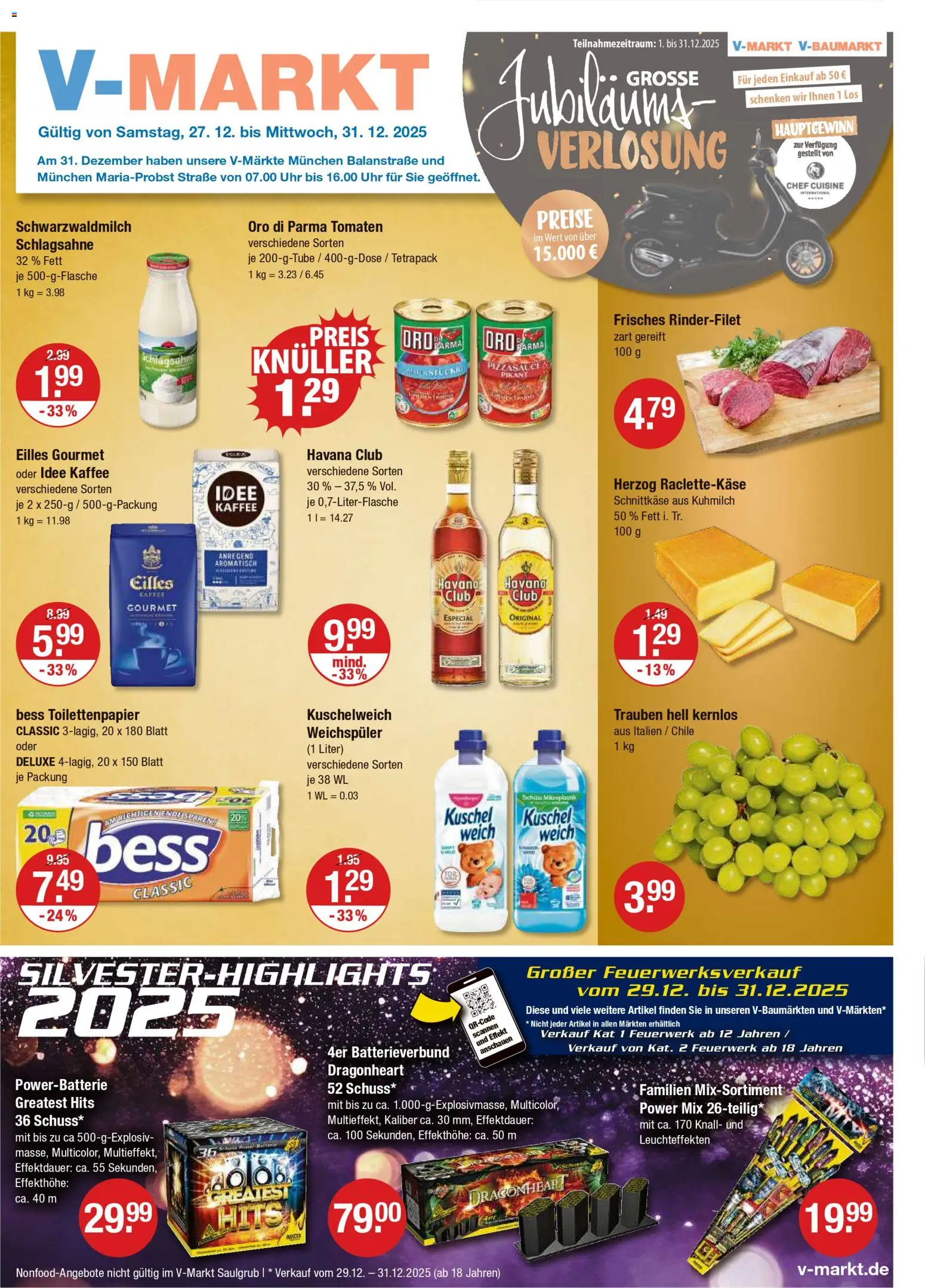 Vorschau von dem Prospekt des Geschäftes V-Markt, gültig ab dem 27.12.2025 - Uhr, Toilettenpapier, Havana club, Schlagsahne, Rinderfilet, Weichspüler, Kuschelweich, Oro di parma