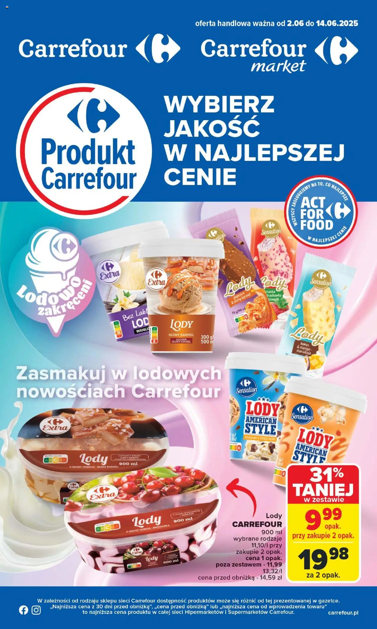 Carrefour Produkt Carrefour od poniedziałku od 02.06.2025 - Nowa Gazetka - Numer strony 1 - Mango, Czekoladowa, Słony karmel, Marakuja, Popcorn, Lody bez laktozy, Kokos, Wanilia