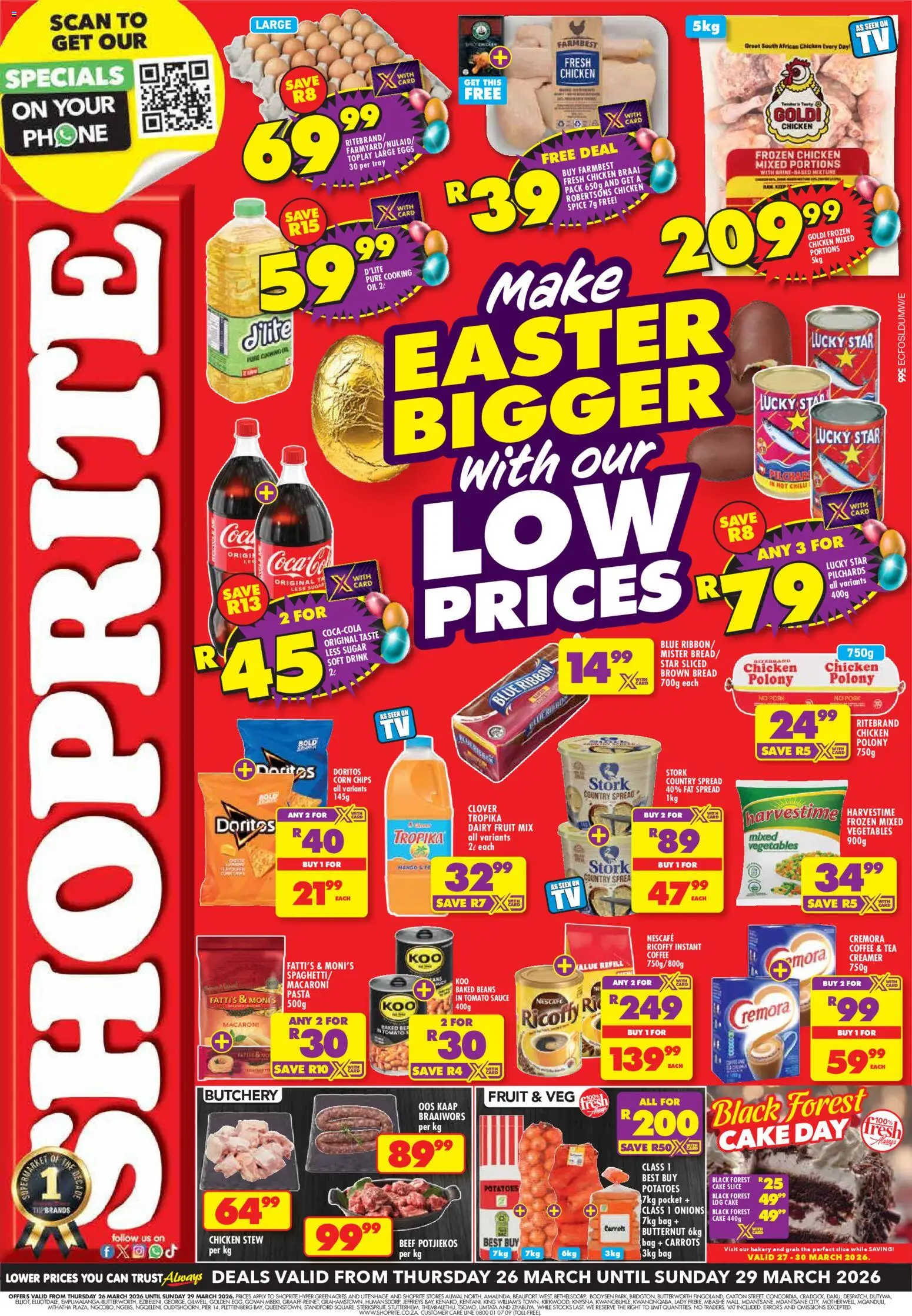 Preview of Shoprite flyer valid from 26/03/2026 - Bag, Corn, Beans, Pork, Spread, Instant coffee, Frozen chicken, Coca-Cola