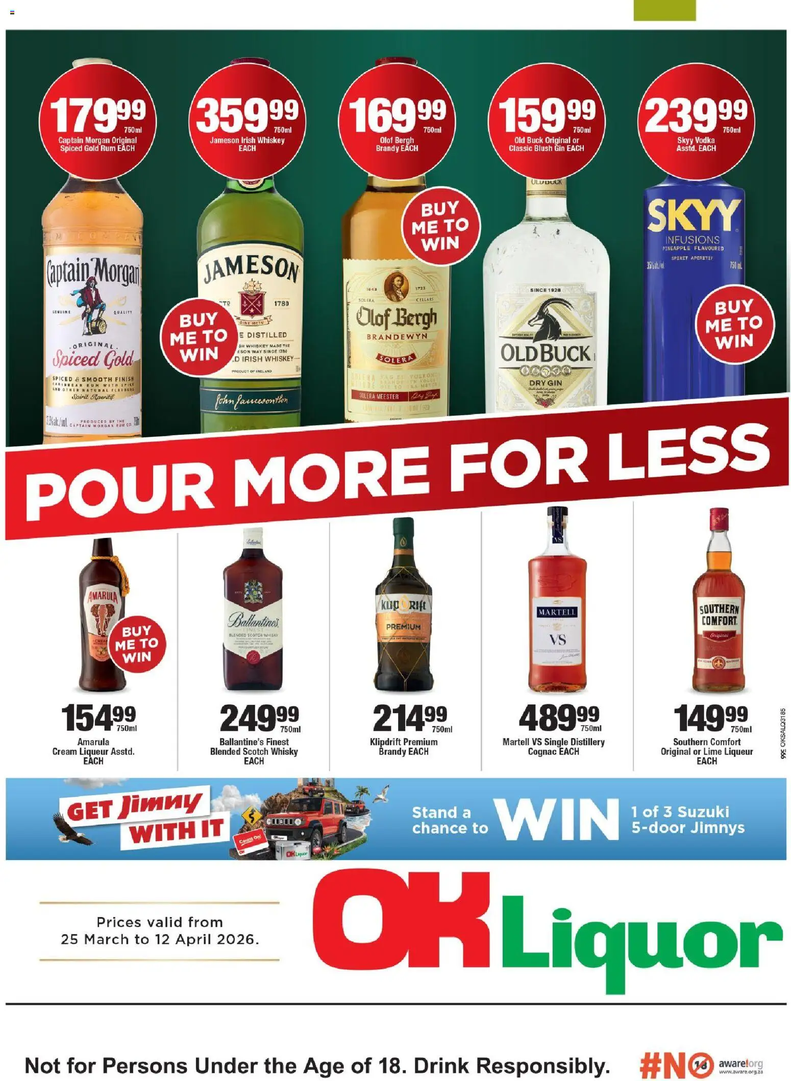 Preview of OK Foods flyer valid from 25/03/2026 - Gin, Whiskey, Brandy, Pineapple, Cognac, Lime, Captain Morgan, Blush