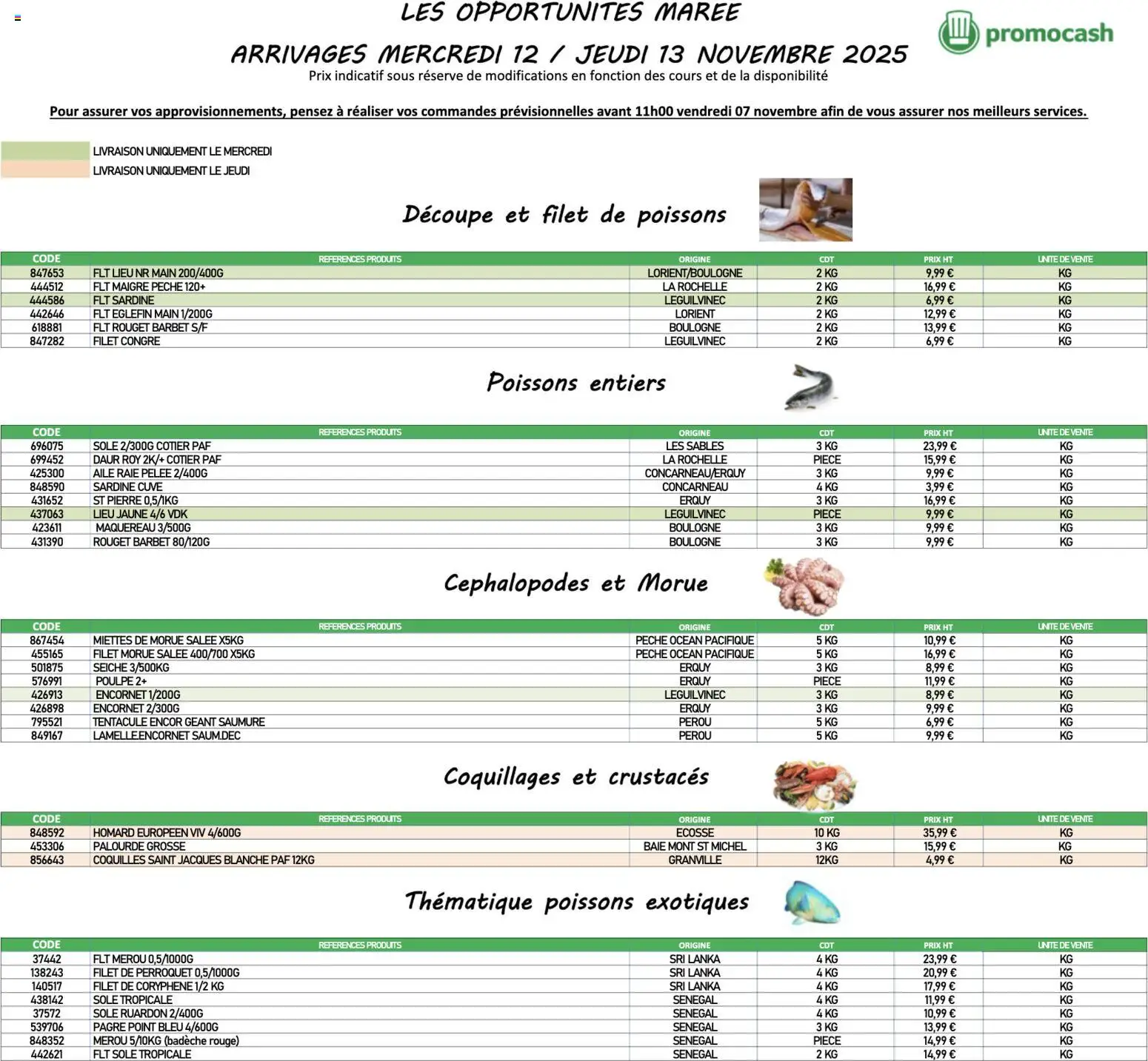 Prévisualisation de Opportunités Marée du magasin Promocash formulaire valide 12/11/2025 - Poissons, Pêche, Maquereau, Sardine, Morue, Homard, Coquillages