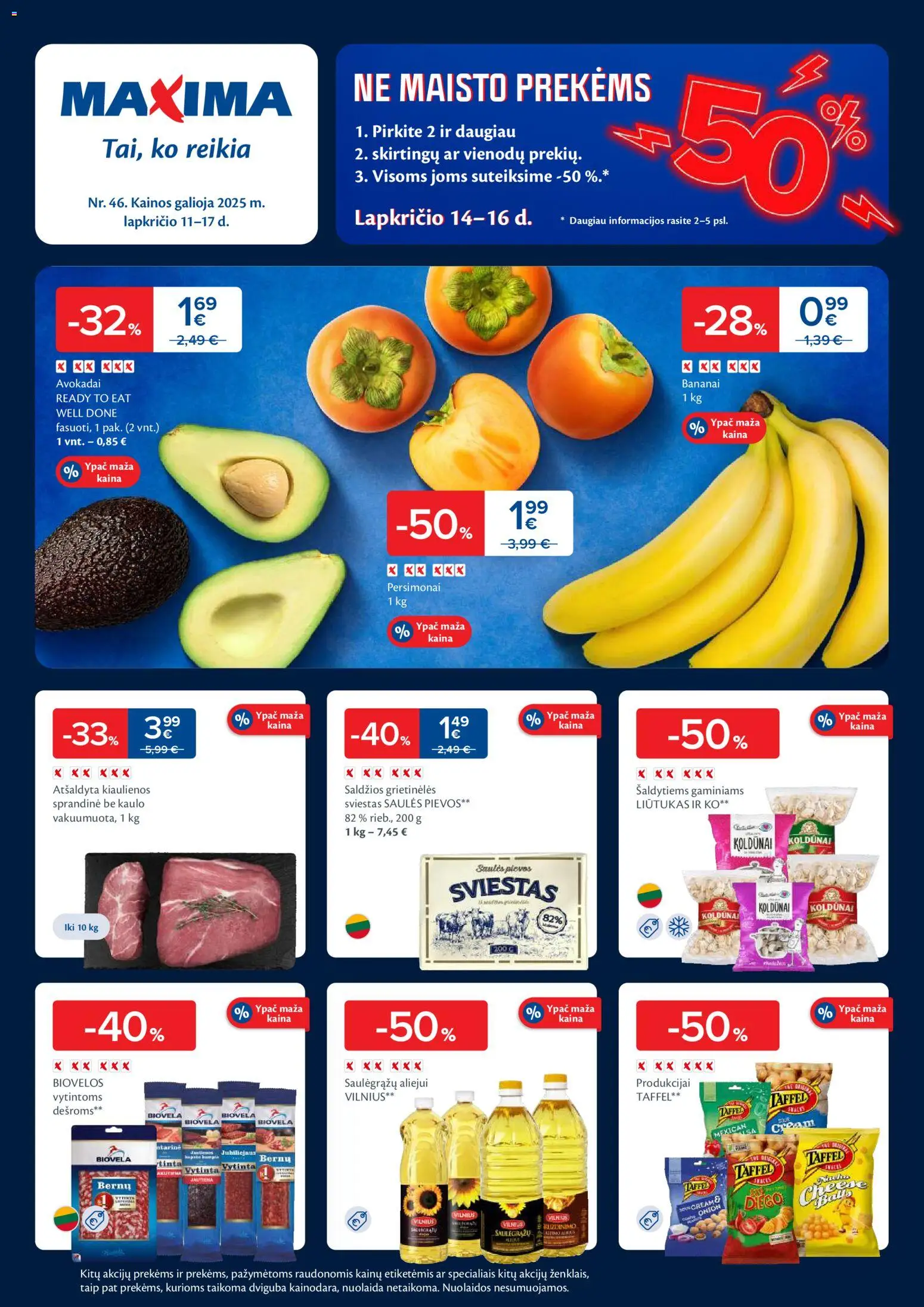 MAXIMA parduotuvės leidinio Leidinys galiojančio nuo 2025.11.11 peržiūra - Sviestas, Bananai, Avokadai, Kiaulienos