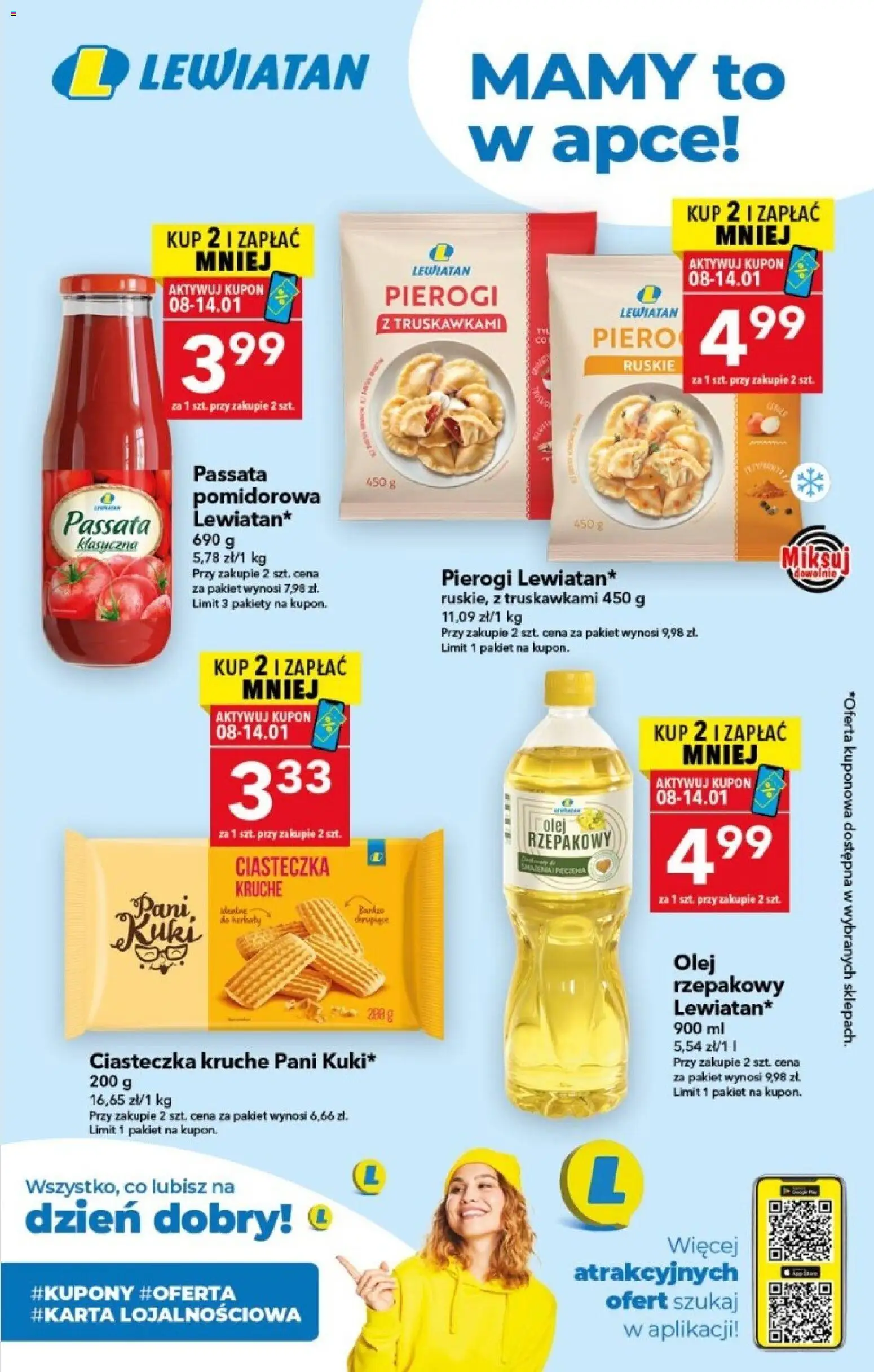 Pogląd gazetki "Mamy to w apce" ze sklepu Lewiatan ważnej od 08.01.2026 - Pierogi, Ciasteczka, Olej, Passata pomidorowa, Olej rzepakowy, Passata