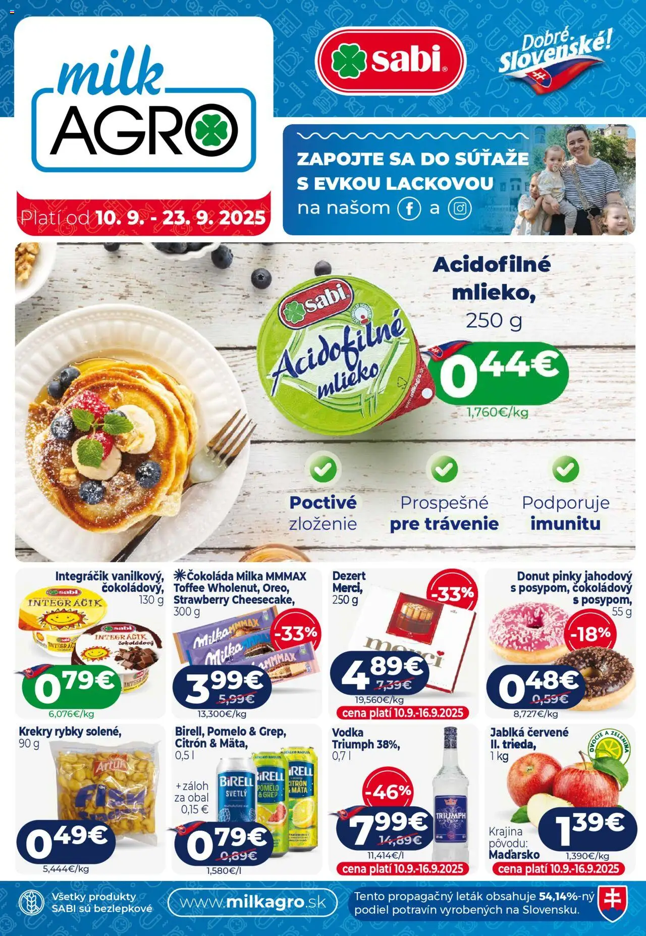 Milk Agro Leták (10.09. - 23.09.2025) - Akčná ponuka - Čokoláda, Vodka, Mlieko, Milka, Pomelo, Donut, Birell, Jablká