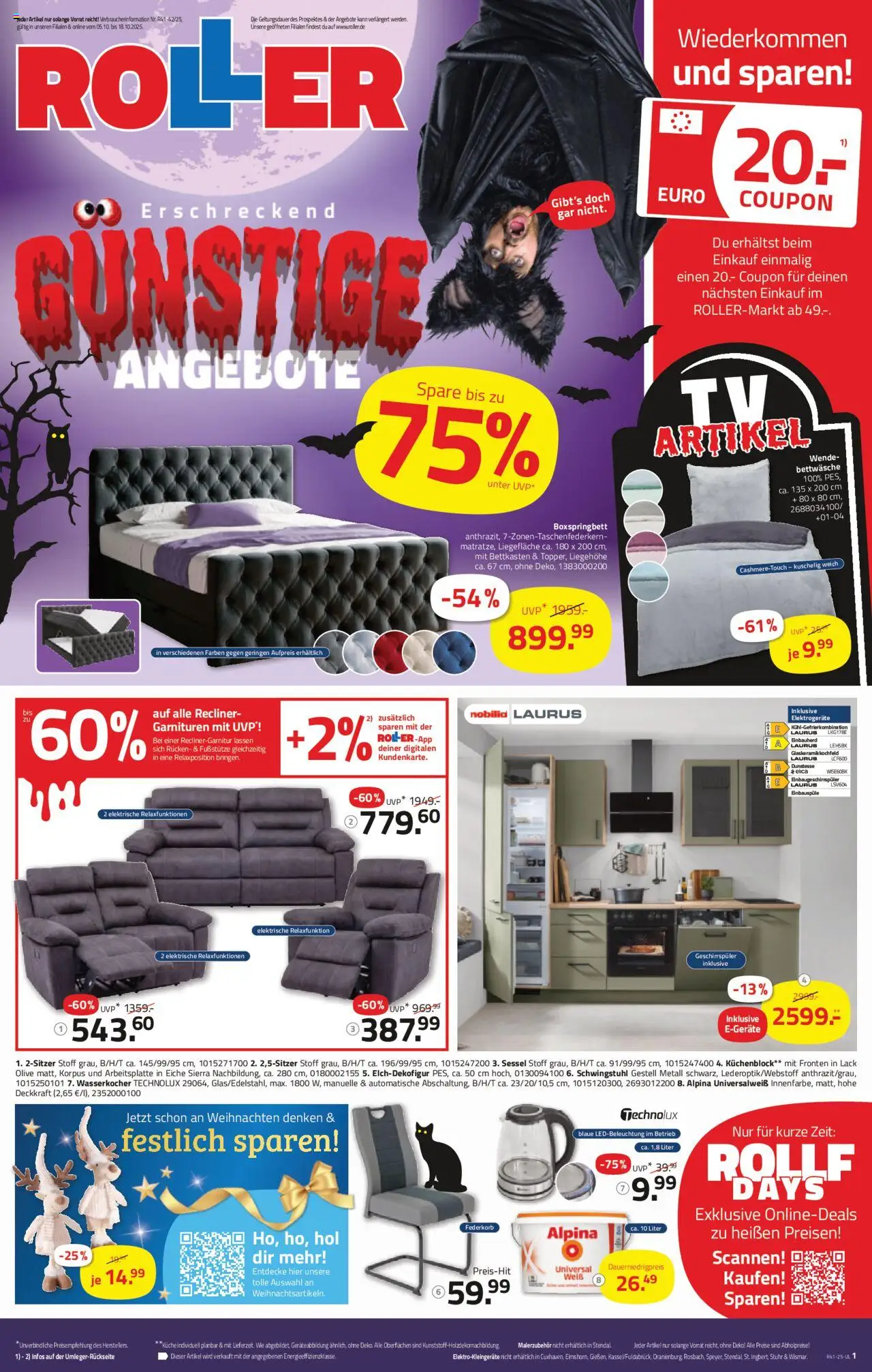 Vorschau von dem Prospekt des Geschäftes Roller, gültig ab dem 05.10.2025 - Boxspringbett, Küche, Bettwäsche, Geschirrspüler, Wasserkocher, Sessel, Kühlgefrierkombination, Küchenblock