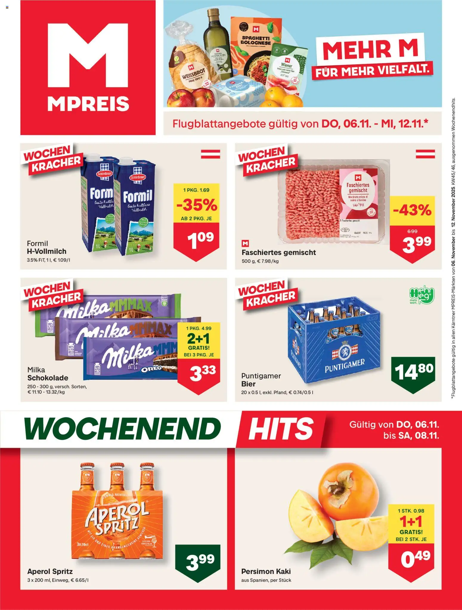 Vorschau der Angebote: MPREIS Dellach im Drautal gültig ab 06.11.2025 - Eis, Schokolade, Bier, Aperol, Spaghetti, Kaki, Vollmilch