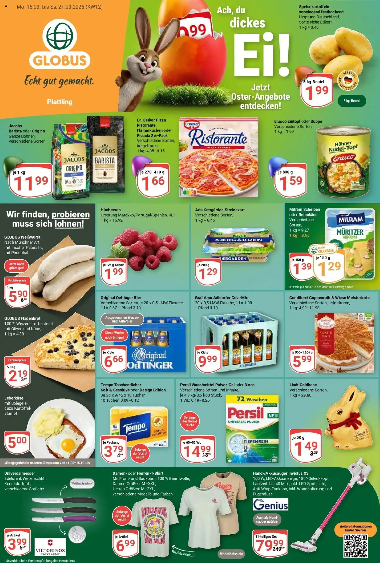Vorschau von dem Prospekt des Geschäftes Globus, gültig ab dem 15.03.2026 - Pizza, Bier, Himbeeren, Ristorante, Tempo, Leberkase, Milram, Reibekase