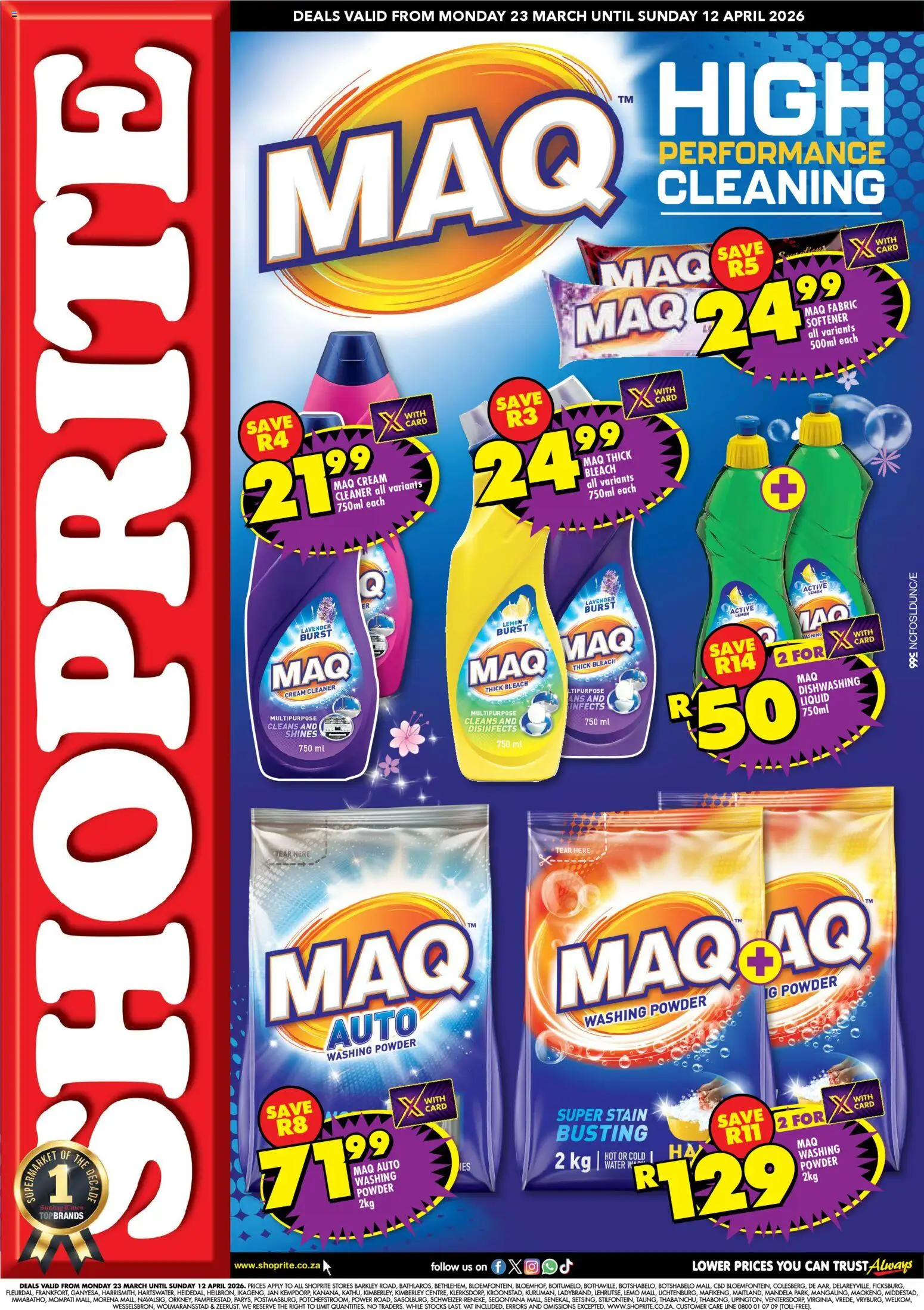 Preview of Shoprite flyer valid from 23/03/2026 - Bleach, Cream, Lemon, Washing powder, Powder, Fabric softener, Dishwashing liquid