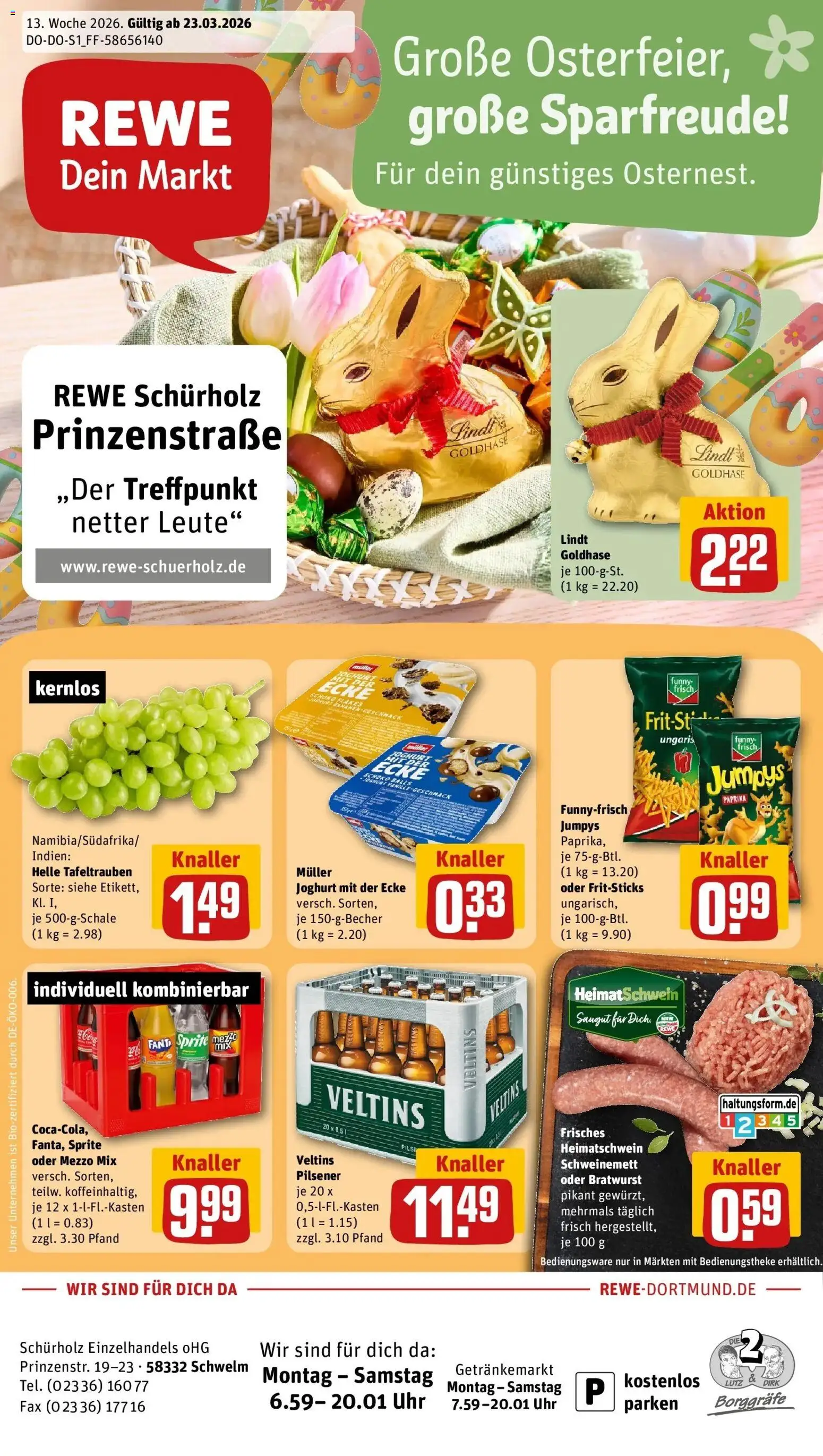 Vorschau von dem Prospekt des Geschäftes Rewe, gültig ab dem 23.03.2026 - Chips, Uhr, Joghurt, Bratwurst, Bananen, Paprika, Veltins, Vanille