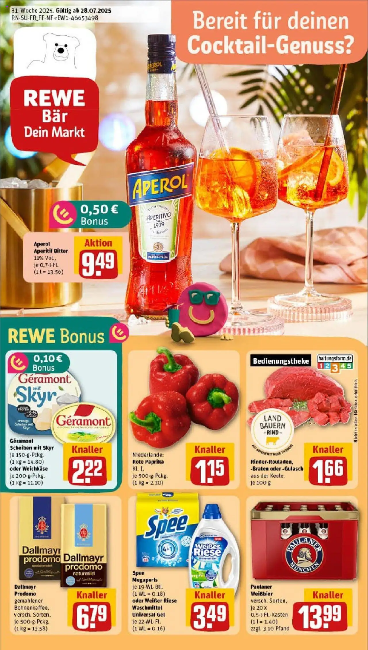 REWE Prospekt ab 27.07.2025 nächste Woche - Prospekt Helmbrechts - Aperol, Gulasch, Spee, Paprika, Paulaner, Waschmittel, Dallmayr prodomo, Rote Paprika