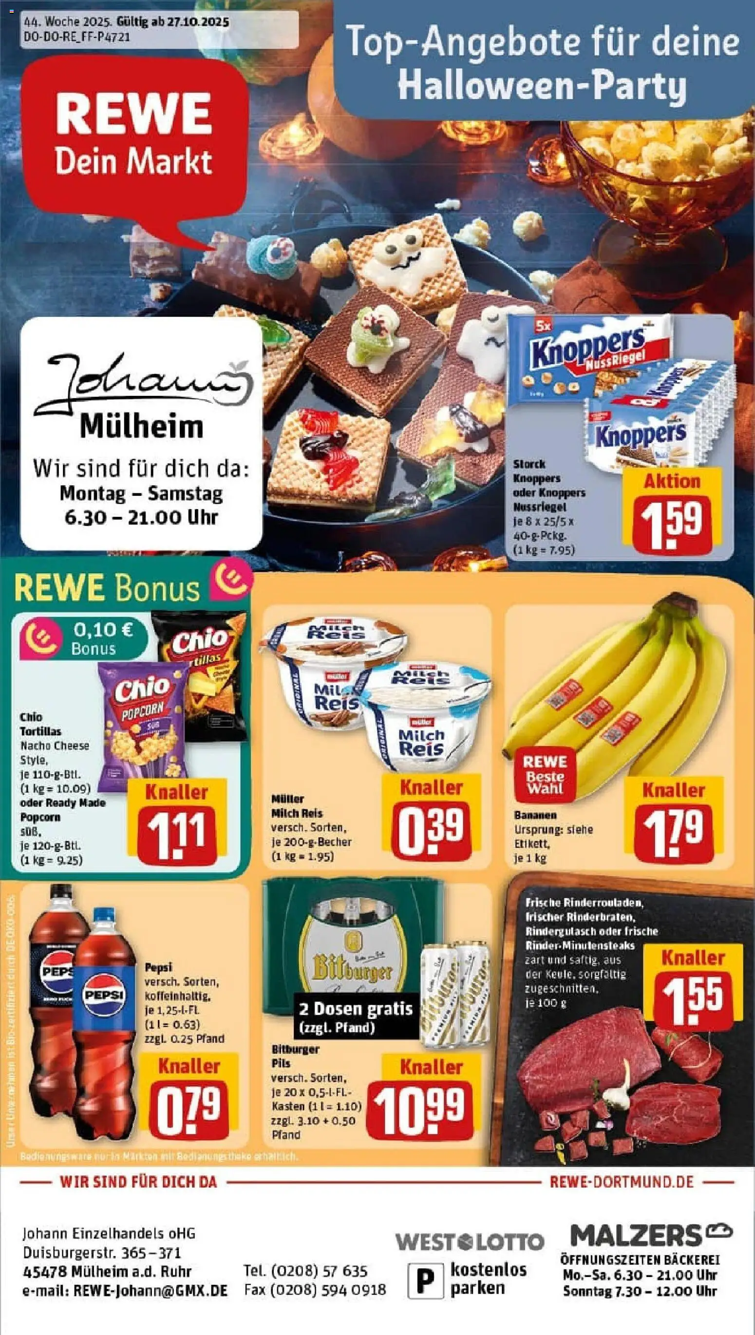 Vorschau von dem Prospekt des Geschäftes Rewe, gültig ab dem 26.10.2025 - Tortillas, Bananen, Milch, Reis, Popcorn, Pepsi, Pils, Chio tortillas