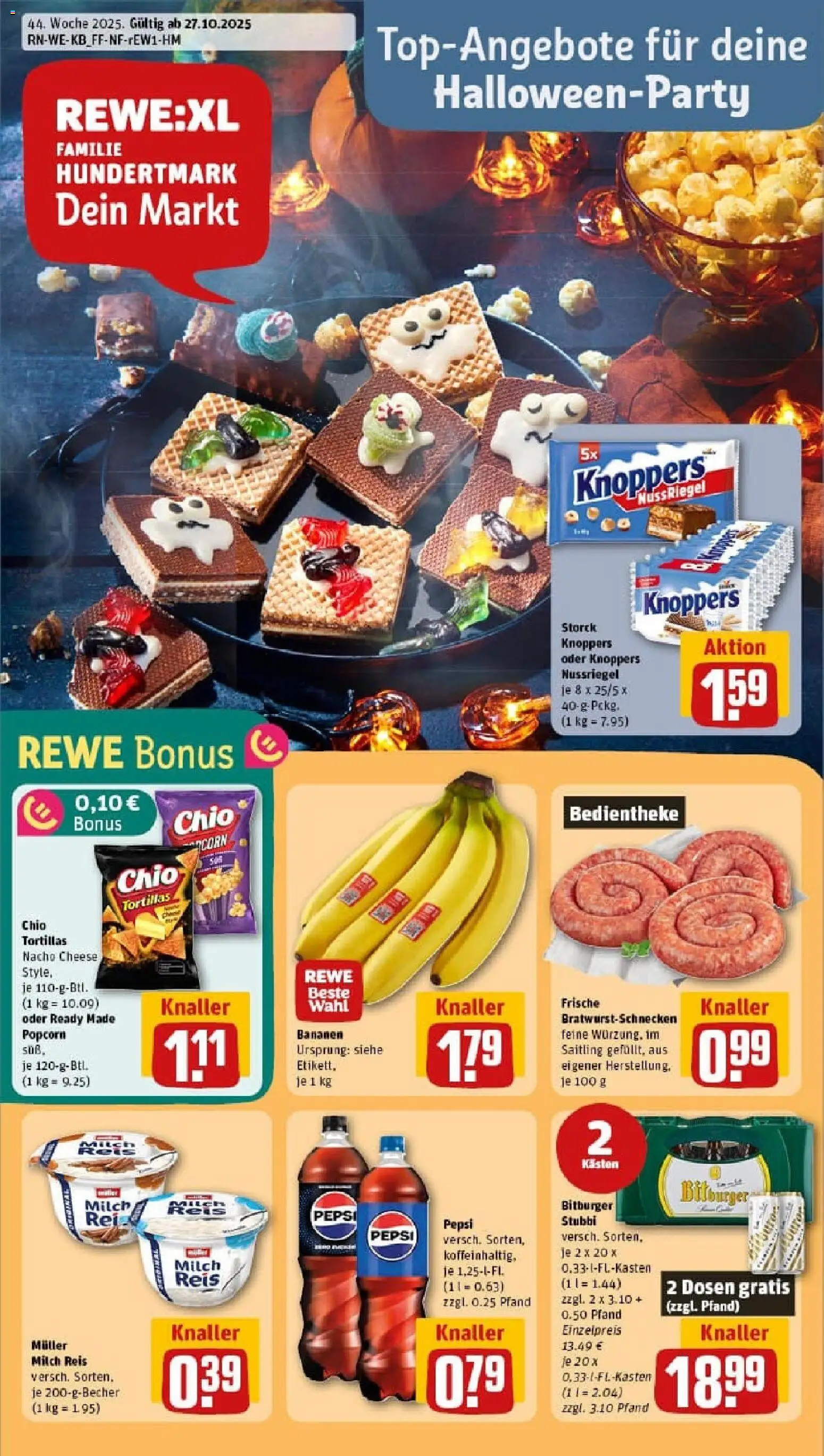 REWE Prospekt ab 26.10.2025 nächste Woche - Prospekt Kobern / Gondorf - Tortillas, Milch, Reis, Popcorn, Knoppers, Bitburger, Pepsi, Chio tortillas