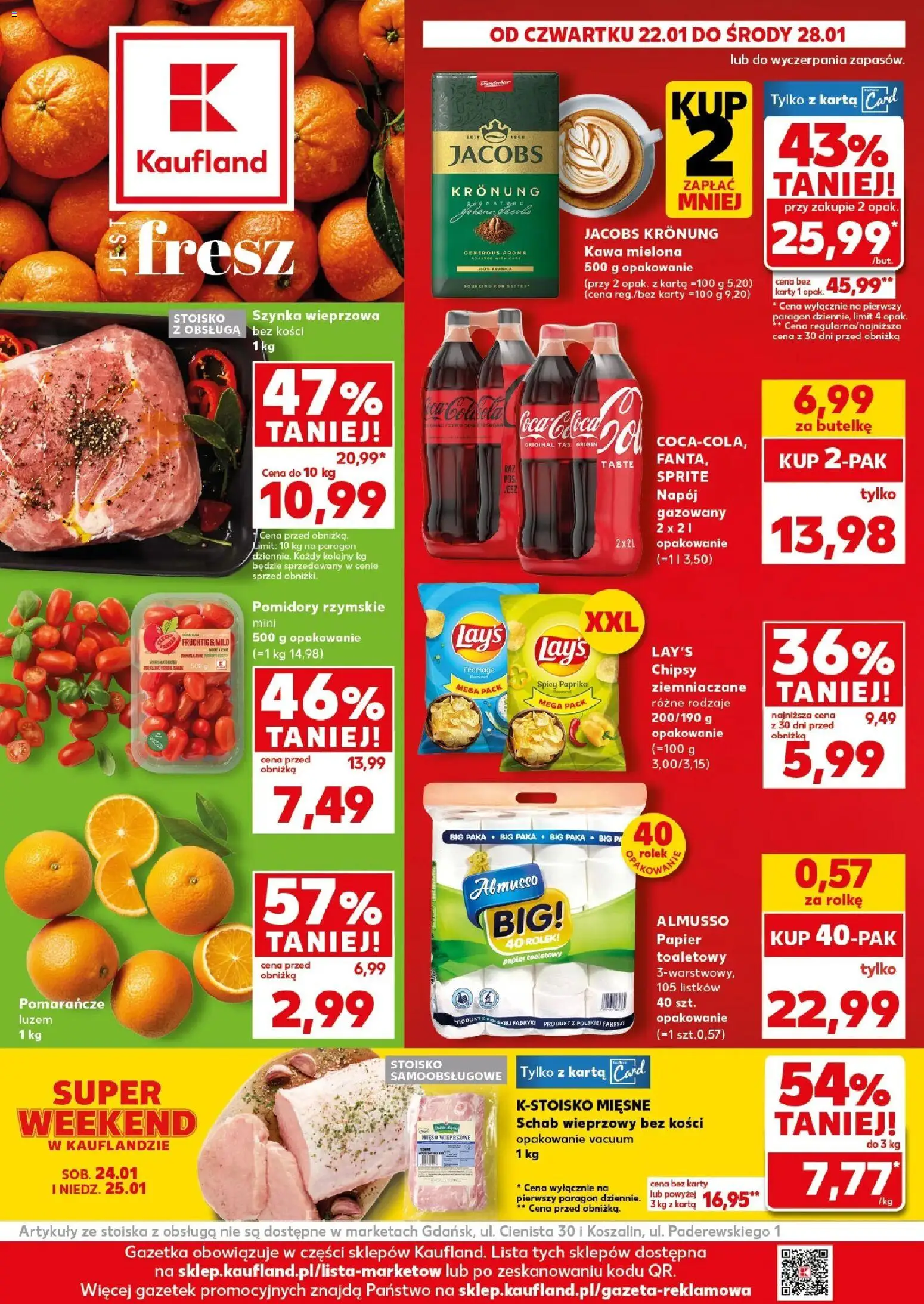 Pogląd gazetki "Nowa gazetka" ze sklepu Kaufland ważnej od 22.01.2026 - Jacobs, Chipsy, Papier toaletowy, Pomidory, Kawa mielona, Pomarańcze, Schab wieprzowy, Schab wieprzowy bez kości