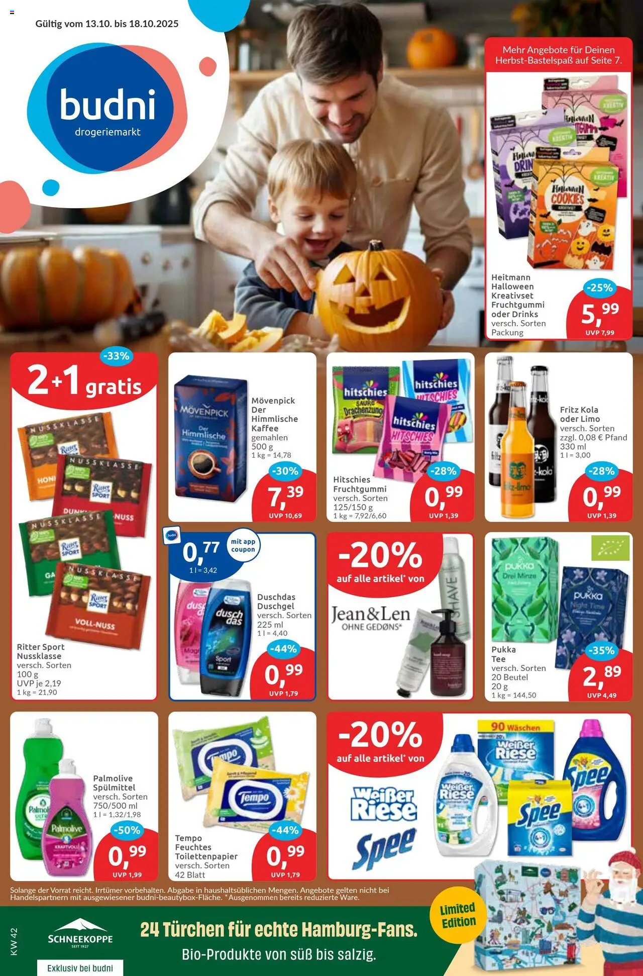 Vorschau von dem Prospekt des Geschäftes Budni, gültig ab dem 13.10.2025 - Kaffee, Spee, Toilettenpapier, Ritter sport, Fritz kola, Tempo, Duschgel, Duschdas