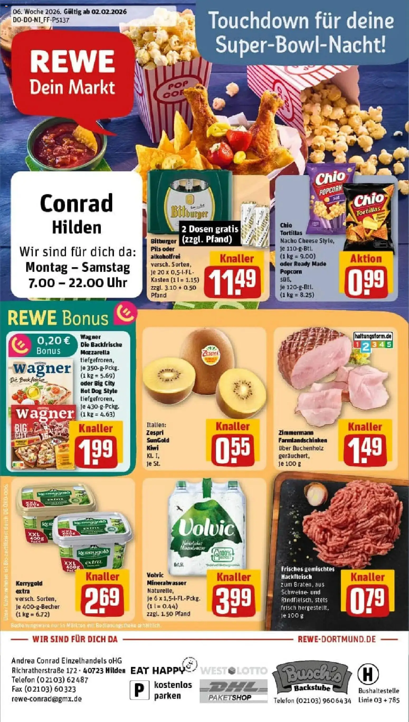 Vorschau von dem Prospekt des Geschäftes Rewe, gültig ab dem 02.02.2026 - Telefon, Butter, Tortillas, Mozzarella, Mineralwasser, Popcorn, Pils, Chio tortillas