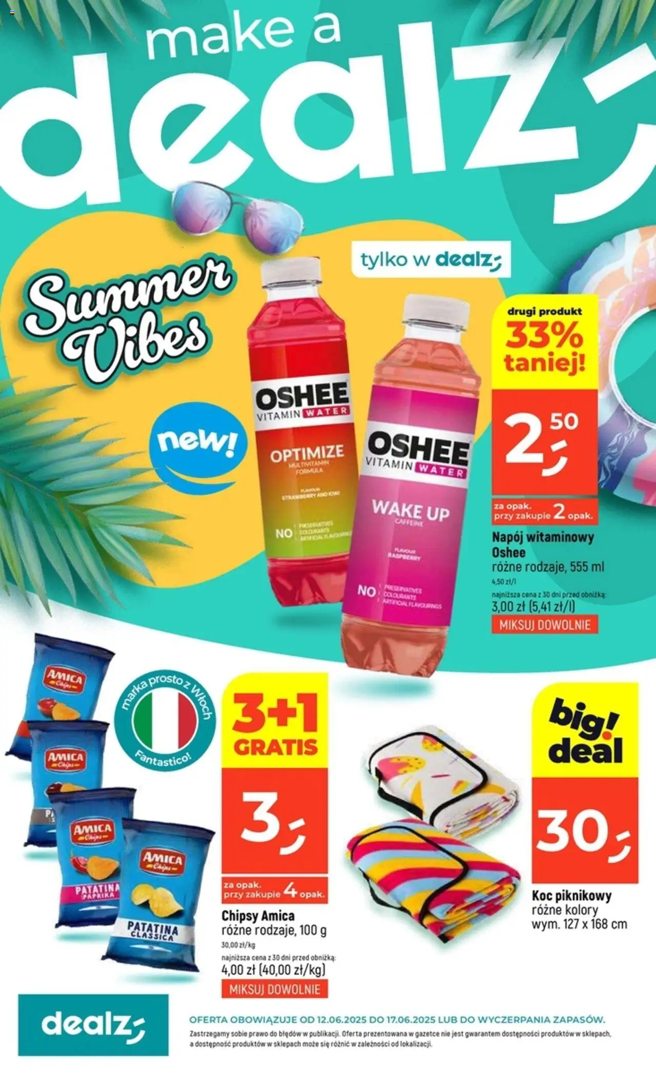 Dealz Gazetka od 12.06.2025 - Nowa Gazetka - Numer strony 1 - Chipsy, Koc, Oshee, Kiwi, Koc piknikowy