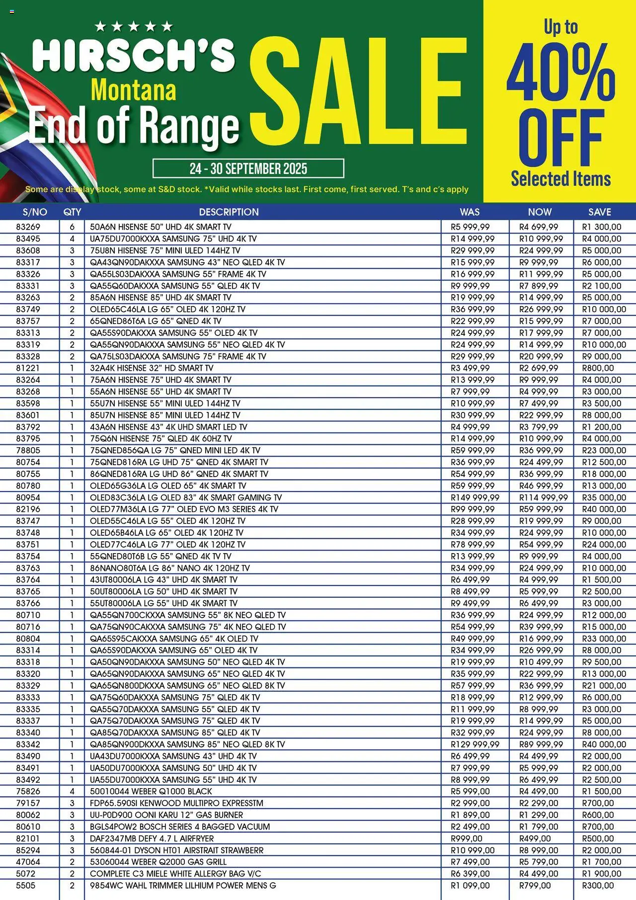 Hirsch's End of Range Sale Montana from 24/09 - 30/09/2025 > Promotions