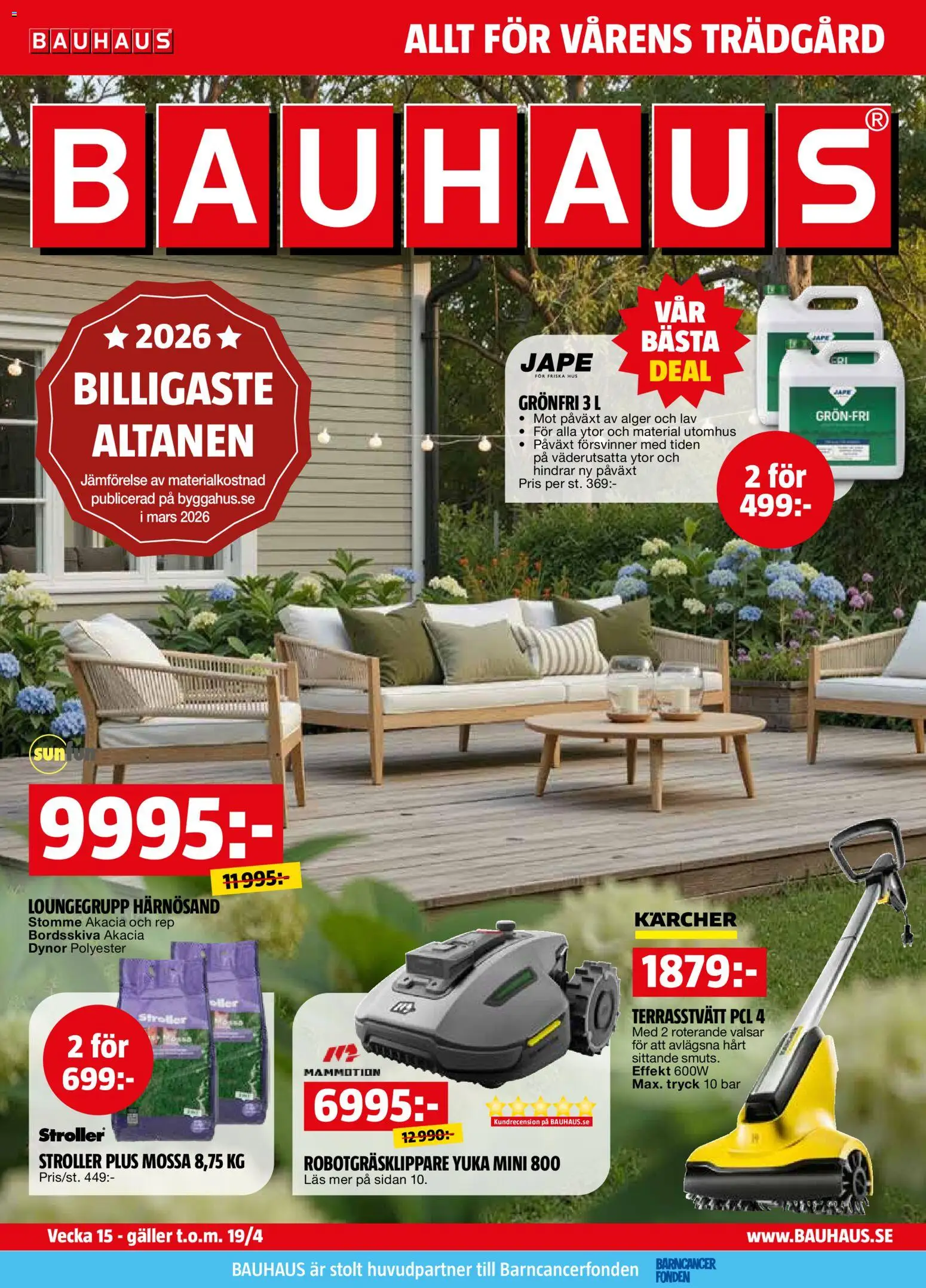 Förhandsgranska reklamblad Bauhaus erbjudanden från butik Bauhaus gäller från 01/04/2026 - Robotgräsklippare, Mössa, Galler, Dynor