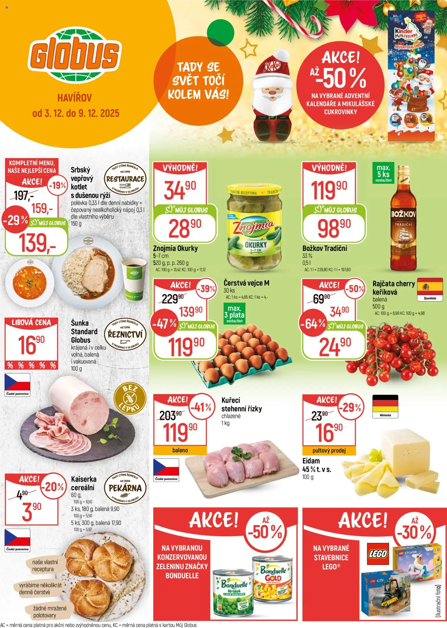 Náhled nabídky: Globus Havířov platný od 03.12.2025 - Globus, Kinder, Šunka, Rajčata, Cukrovinky, Kaiserka, Rýži, Mražené polotovary