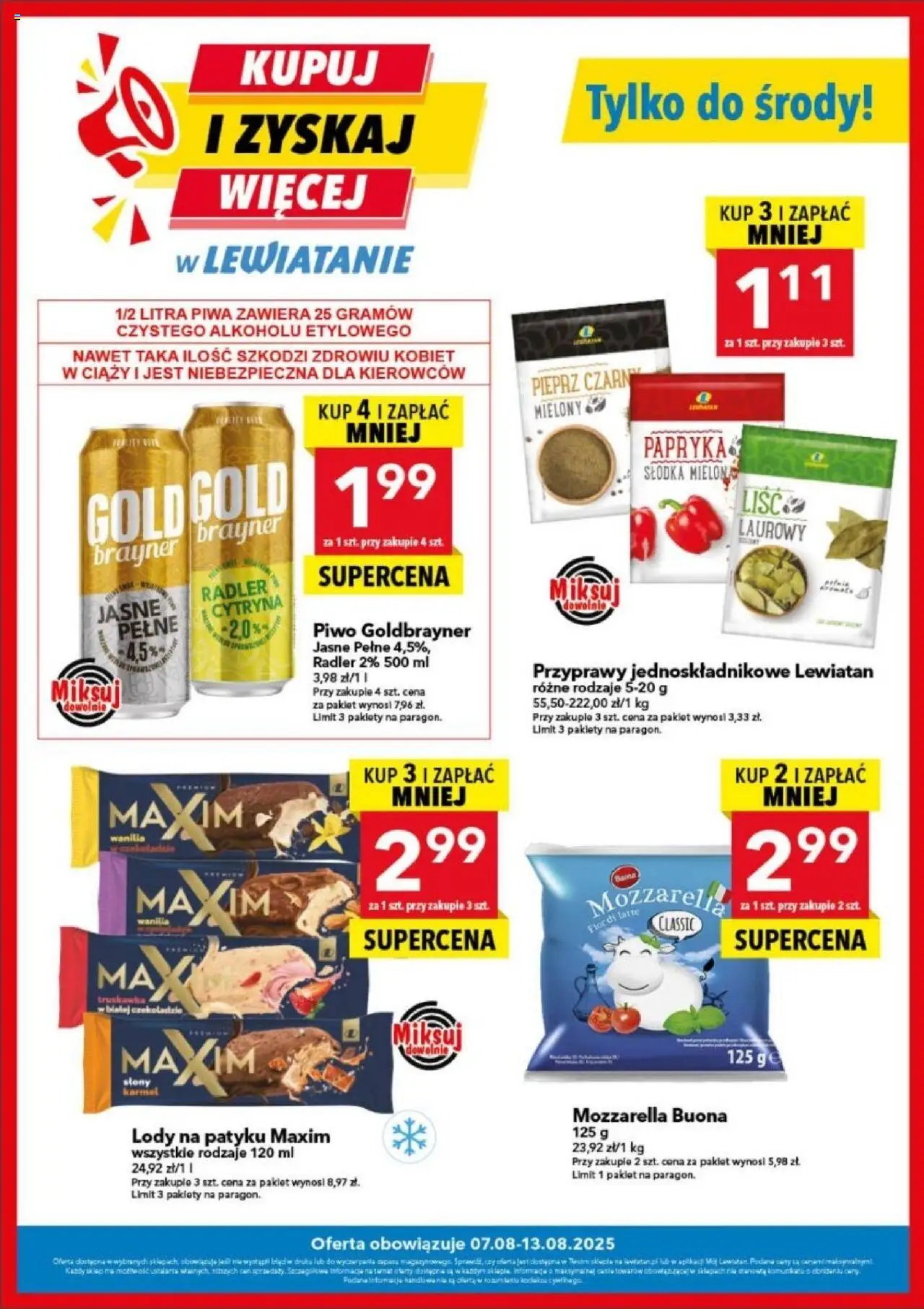 Lewiatan gazetka od 07.08.2025 - Promocje "Kupuj i zyskaj więcej" - Numer strony 1 - Lody, Piwo, Mozzarella, Cytryna, Lody na patyku, Pieprz, Słony karmel, Radler