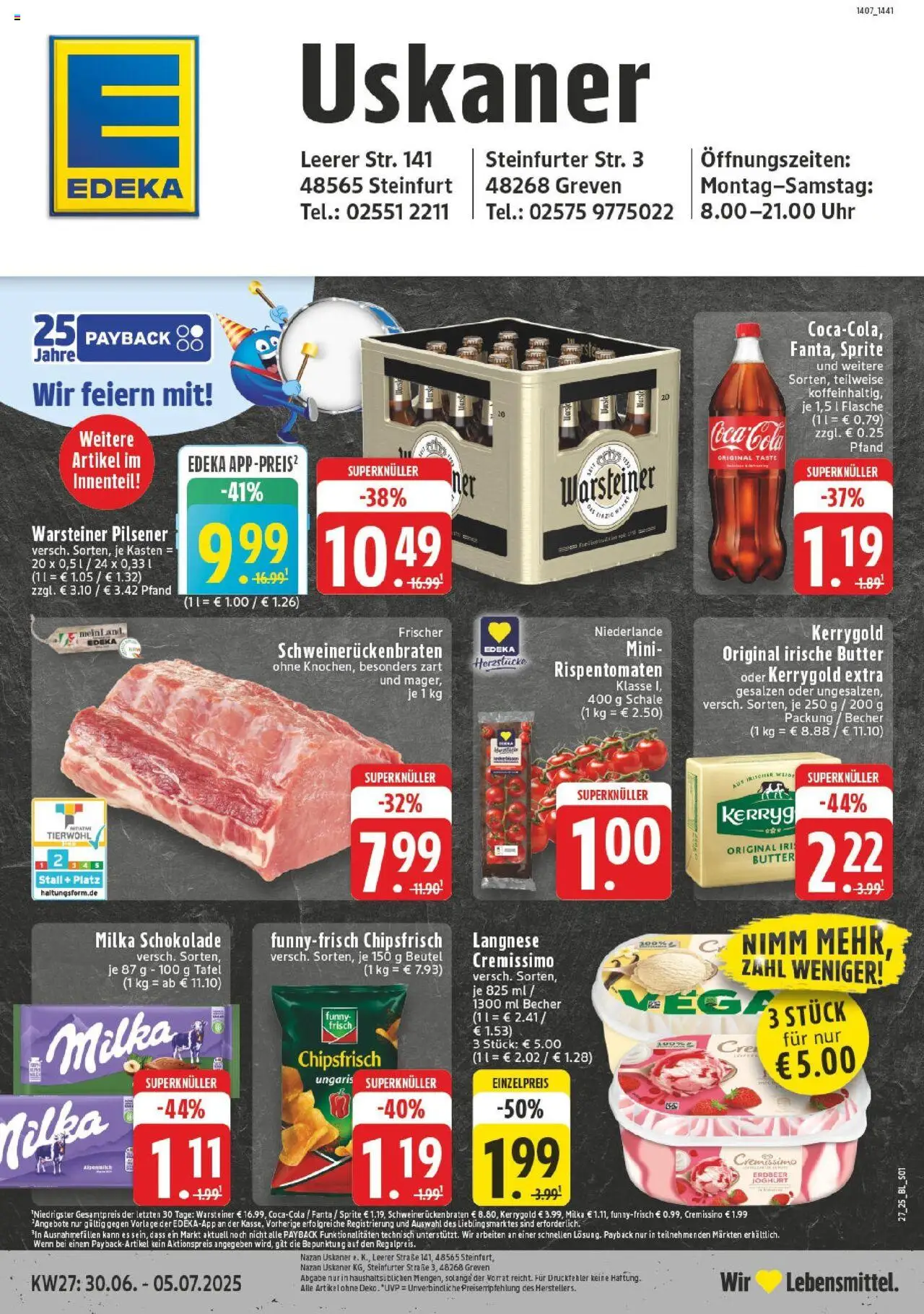 EDEKA Prospekt ab 29.06.2025 - Prospekt Steinfurt Online - Chips, Uhr, Warsteiner, Milka, Langnese, Schweinerucken, Cremissimo, Langnese cremissimo