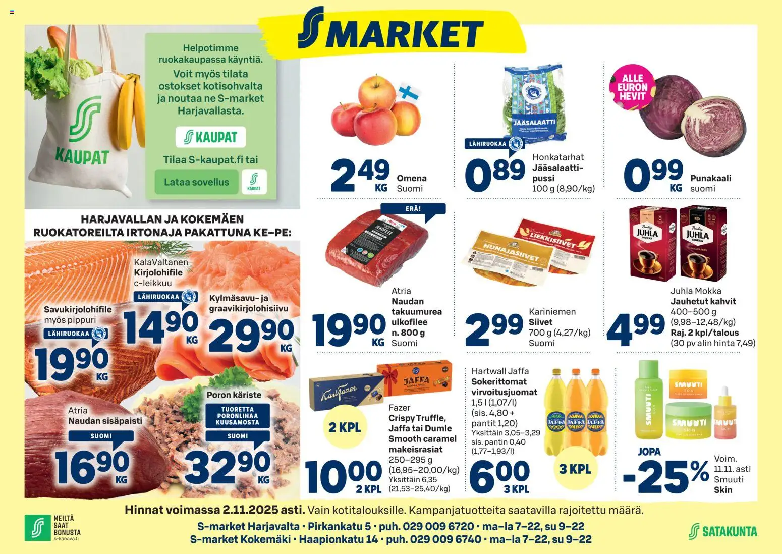 Kaupan S-market Harjavalta esikatselu, voimassa 29/10/2025 - Juhla Mokka, Punakaali, Pippuri, Virvoitusjuomat