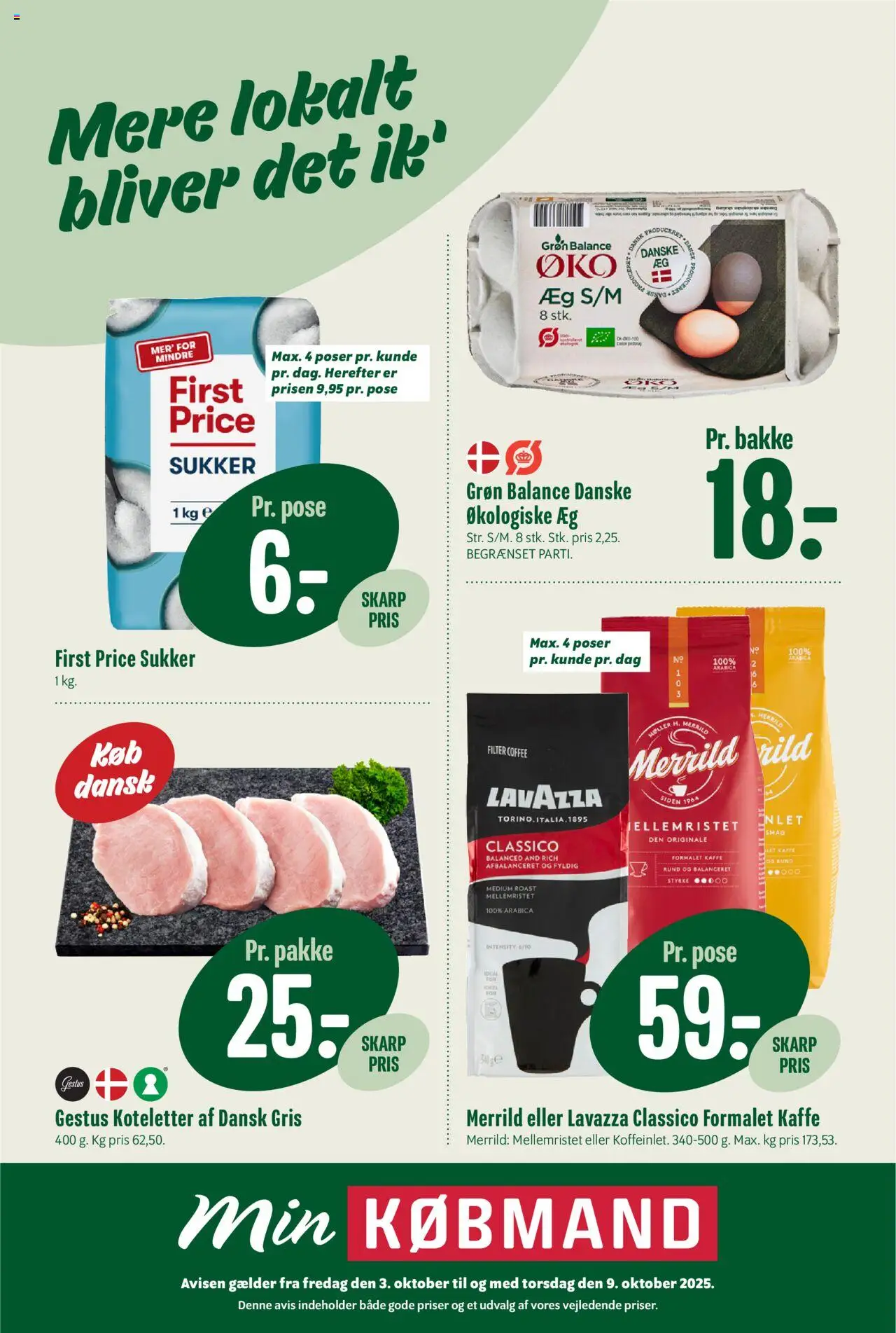 Min Købmand tilbudsavis gyldig fra 03/10/2025 - side 1 - Kaffe, Æg, Koteletter, Sukker
