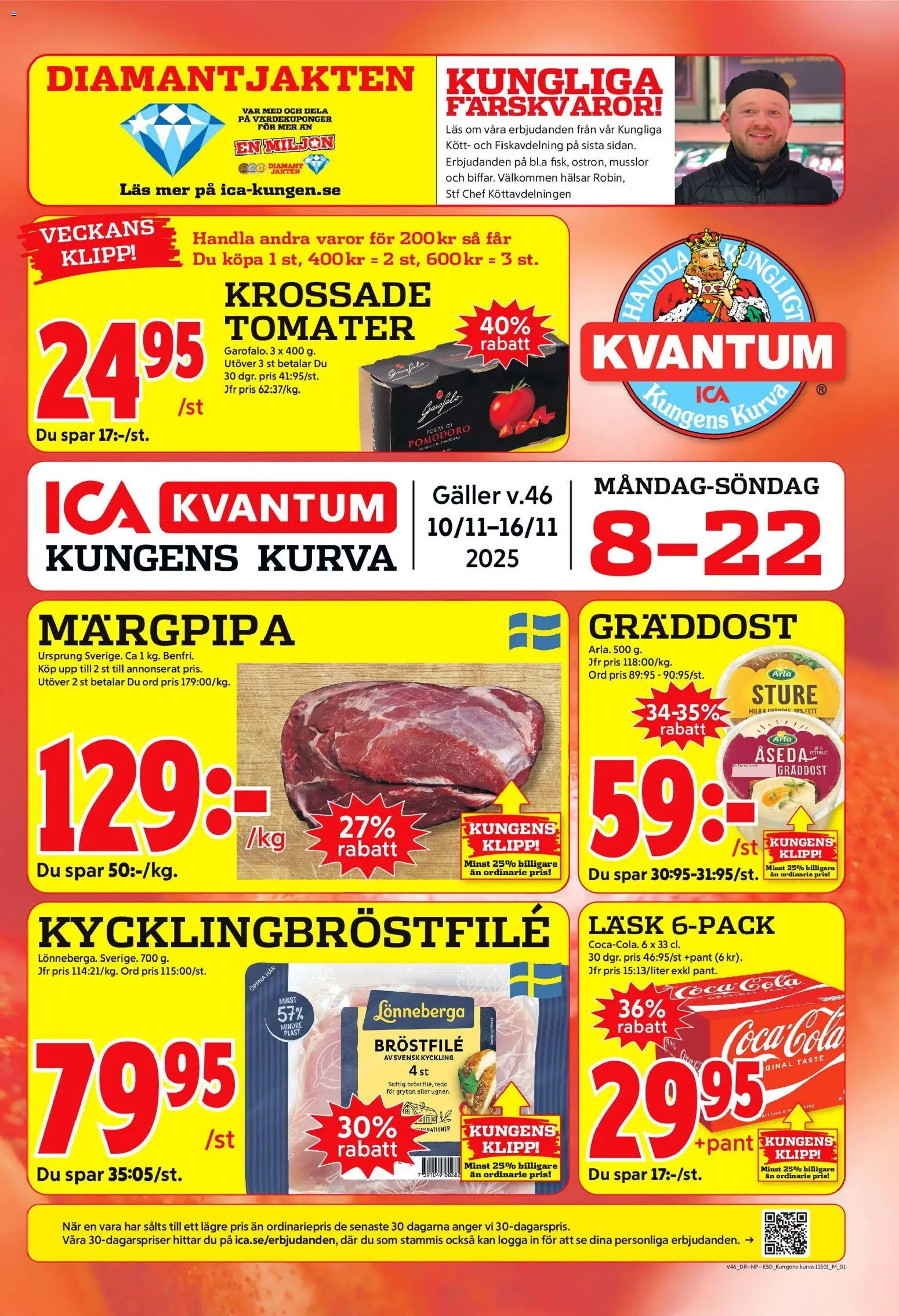 Förhandsgranska reklamblad Kungens Kurva från butik ICA Kvantum gäller från 10/11/2025 - Coca cola, Kött, Galler, Tomater, Kyckling