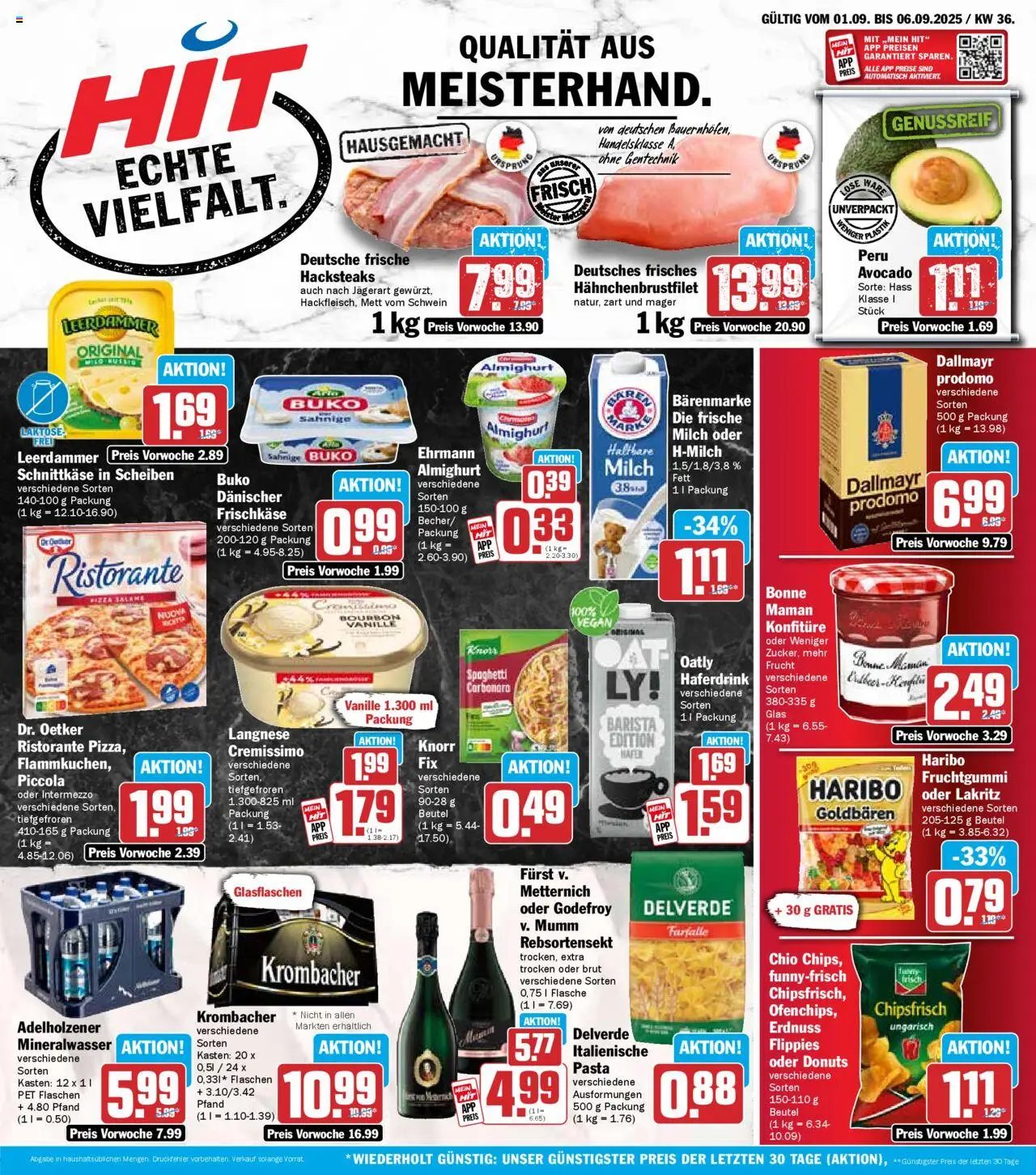 HIT Prospekt ab 01.09.2025 nächste Woche > Bayern - Pizza, Spaghetti, Donuts, Adelholzener, Knorr, Bourbon, Langnese, Cremissimo