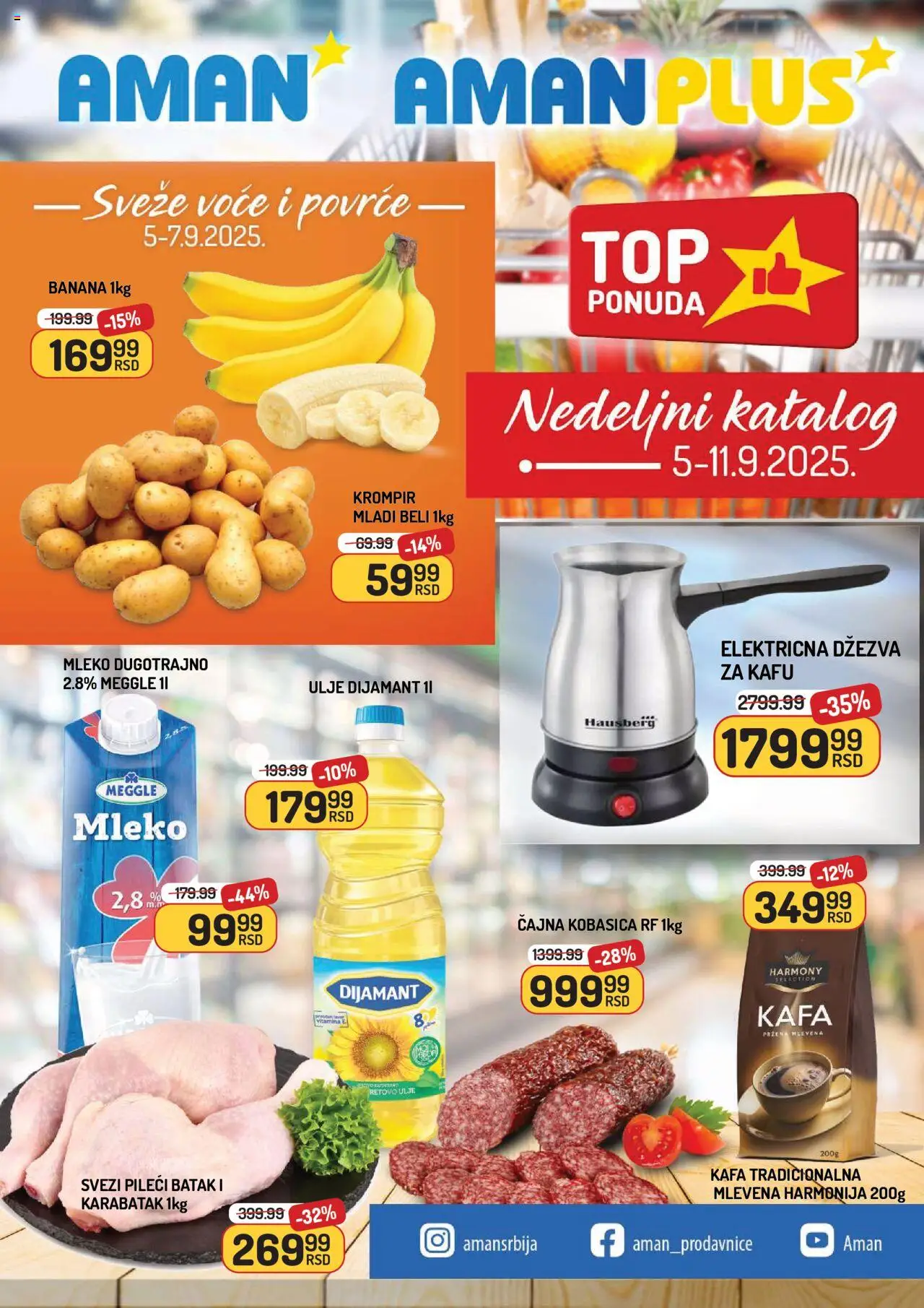Aman katalog važi od 05.09.2025 - stranica 1 - Kafa, Krompir, Mleko, Džezva, Voće, Ulje, Kobasica, Pileći batak