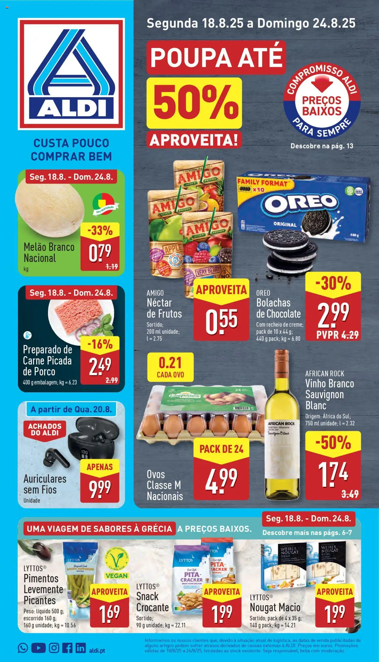 Aldi Folheto de 18/08/2025 - catálogo esta semana - página 1 - Chocolate, Vinho, Ovos, Carne, Oreo, Carne picada, Vinho branco, Bolachas de chocolate