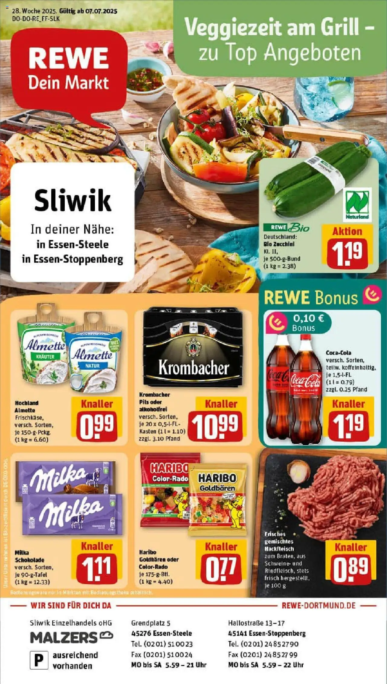 REWE Prospekt ab 06.07.2025 nächste Woche - Prospekt Essen - Schokolade, Haribo, Zucchini, Grill, Top, Milka, Theke, Pils