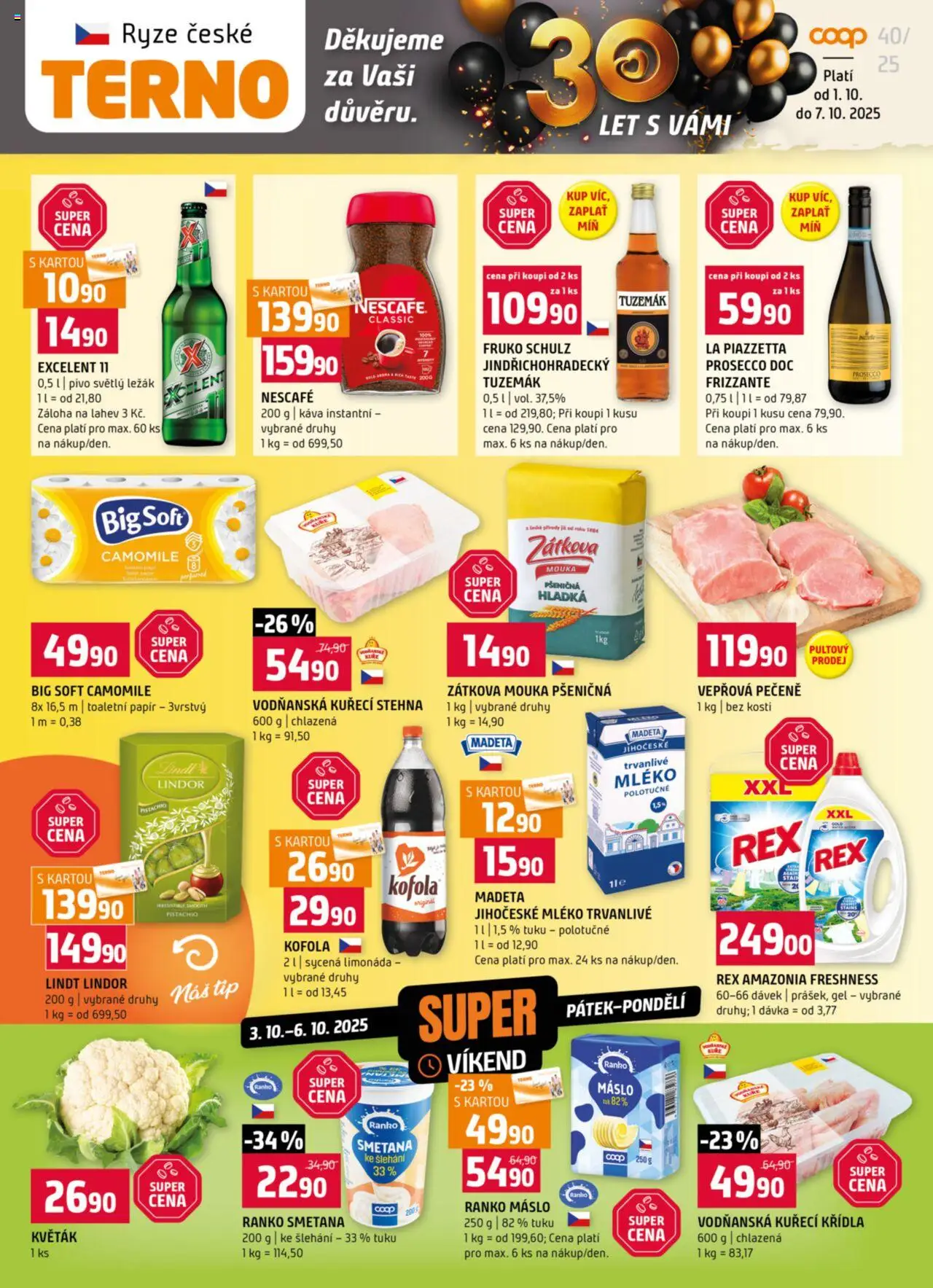  Terno Leták - Strakonice (01.10.2025 - 07.10.2025) - Lindor, Nescafé, Tuzemák, Láhev, Limonáda, Prosecco DOC, Excelent 11, Lindt lindor