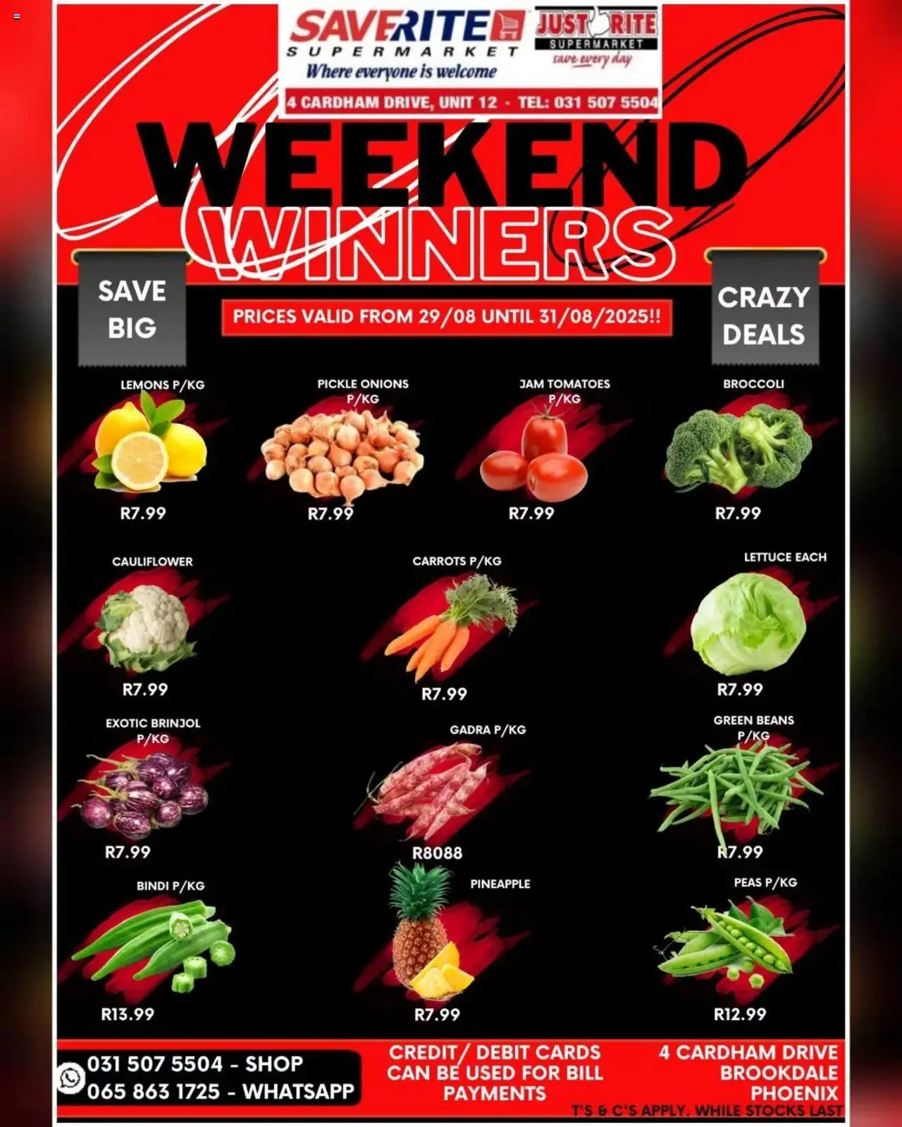 Saverite Weekend Winners from 29/08 - 31/08/2025 > Promotions - Jam, Cauliflower, Lemons, Tomatoes, Beans, Carrots, Onions, Lettuce
