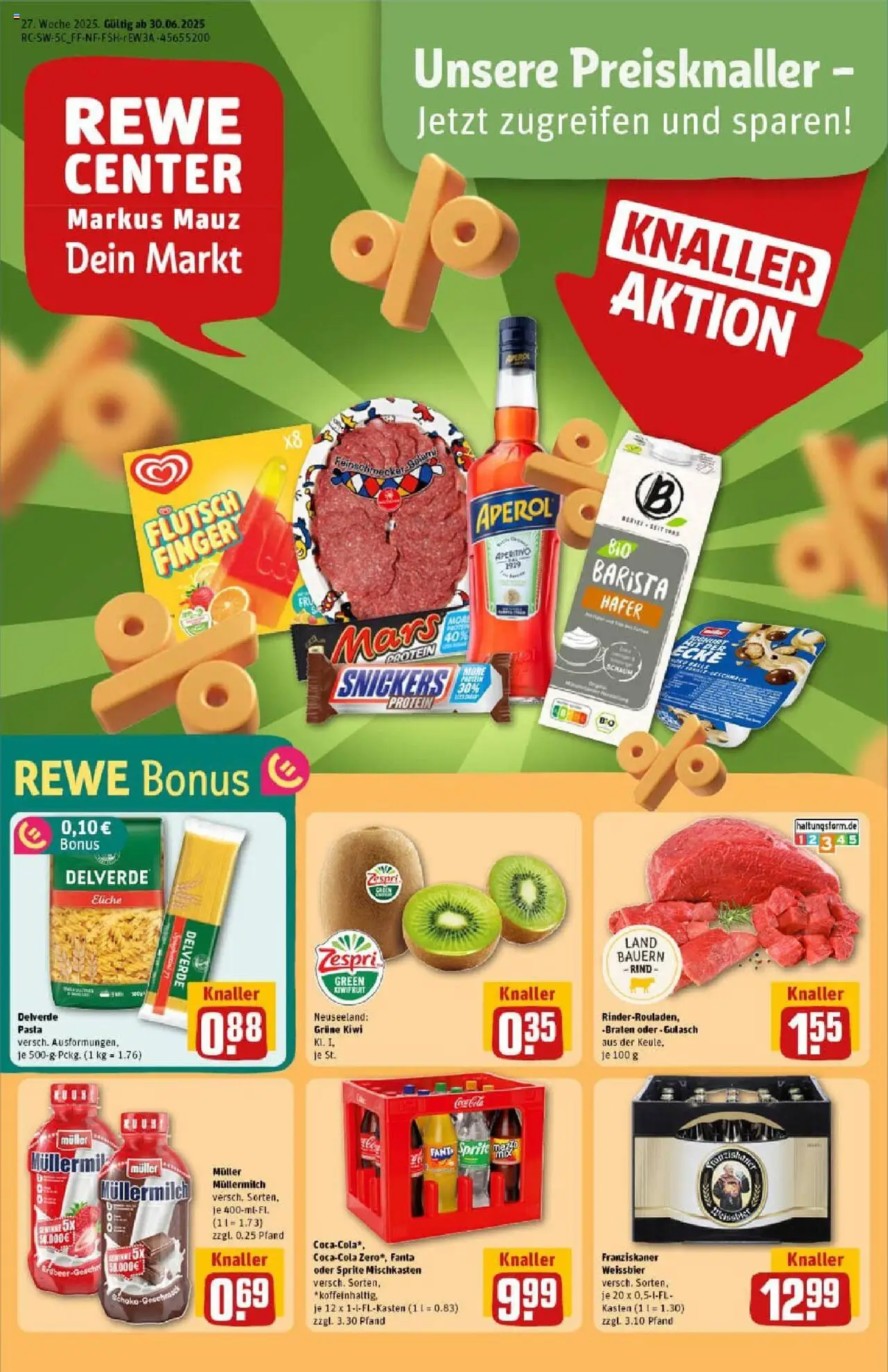 REWE Prospekt ab 29.06.2025 nächste Woche - Prospekt Weinheim - Pasta, Aperol, Gulasch, Kiwi, Mars, Snickers, Fanta, Muller mullermilch