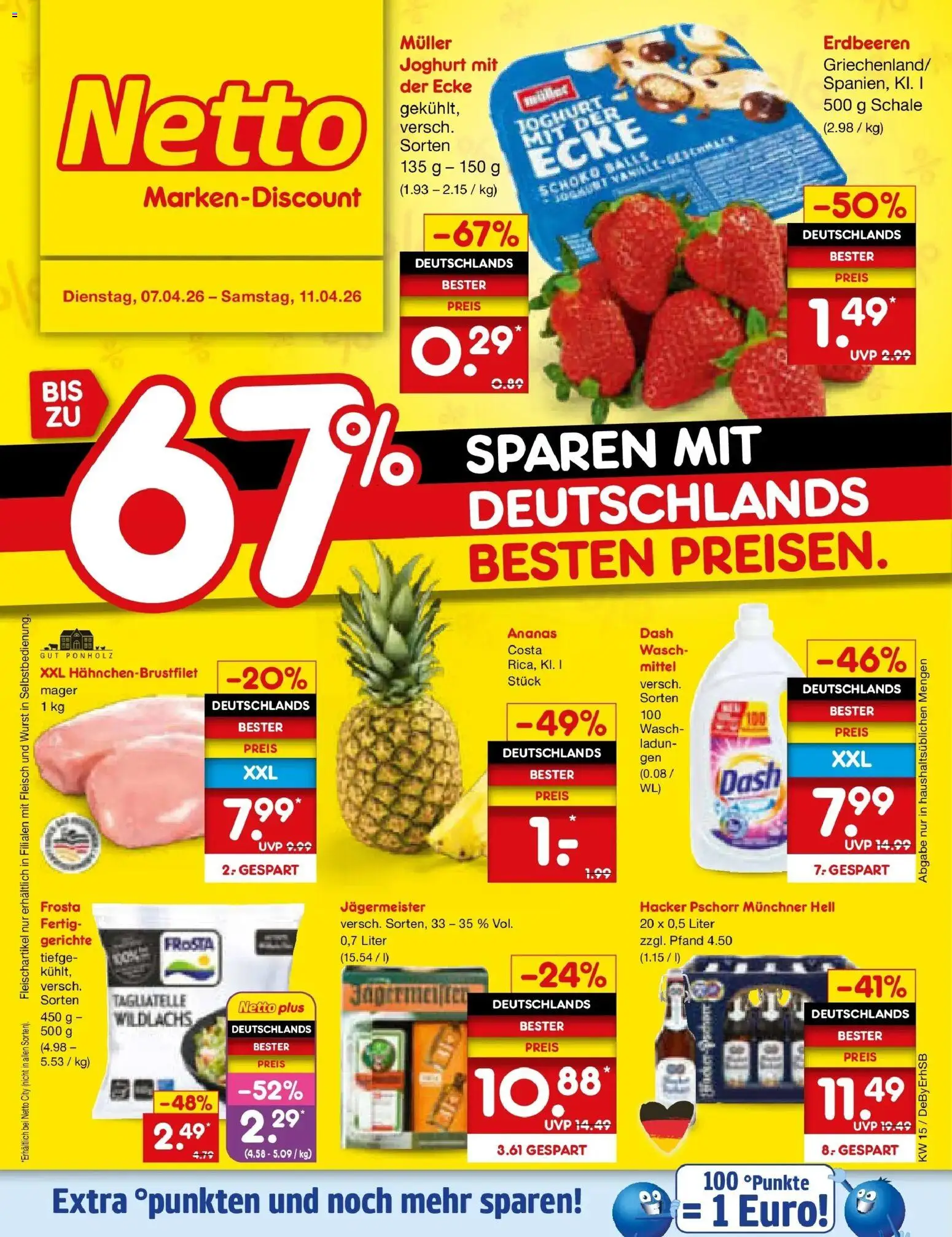 Vorschau von dem Prospekt des Geschäftes Netto Marken-Discount, gültig ab dem 07.04.2026 - Gerichte, Wurst, Erdbeeren, Joghurt, Jägermeister, Ananas, Fleisch, Frosta