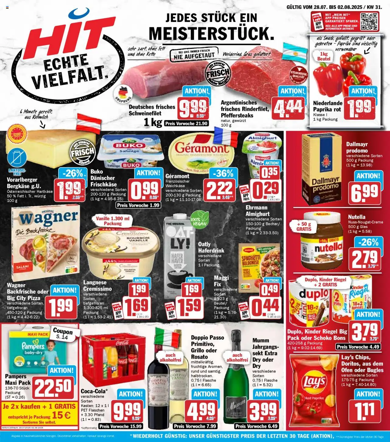 HIT Prospekt ab 28.07.2025 nächste Woche > Hessen - Pizza, Ofen, Schweinefilet, Langnese, Geramont, Cremissimo, Paprika rot, Kinder riegel