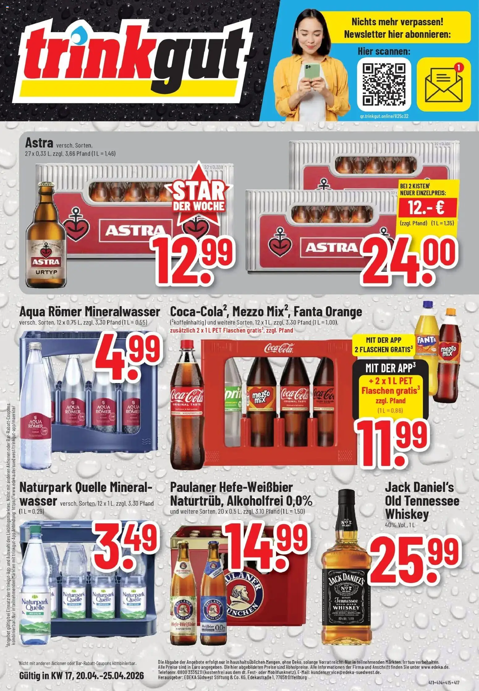 Vorschau von dem Prospekt des Geschäftes Trinkgut, gültig ab dem 20.04.2026 - Wasser, Coca cola, Cola, Whiskey, Paulaner, Fanta, Astra, Jack Daniel's