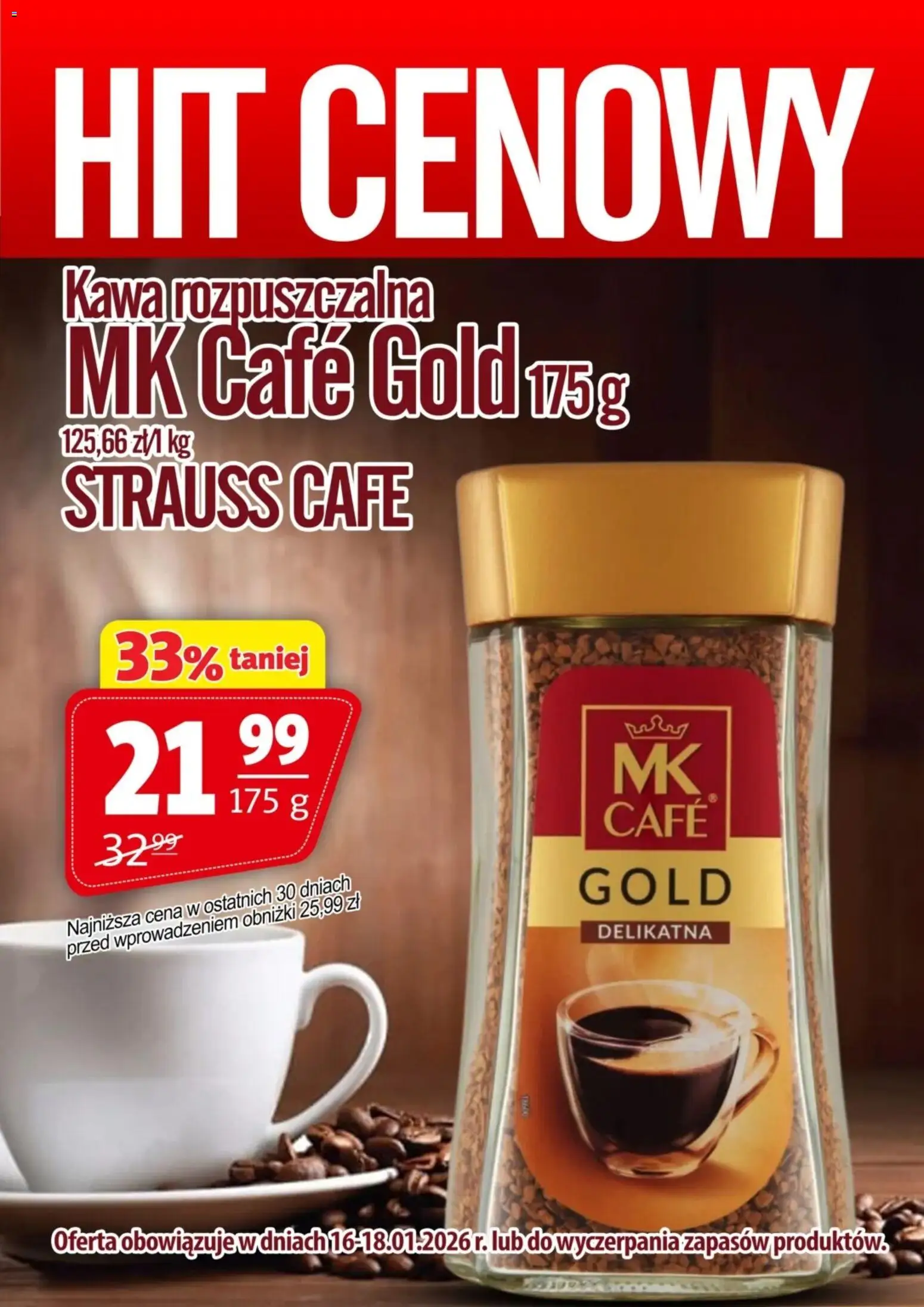 Pogląd gazetki "Promocja - Kawa Rozpuszczalna Mk Cafe Gold" ze sklepu Prim Market ważnej od 16.01.2026 - Kawa, Kawa rozpuszczalna