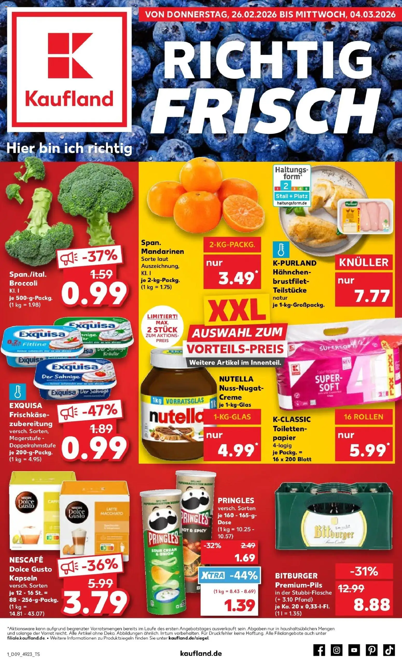Vorschau von dem Prospekt des Geschäftes Kaufland, gültig ab dem 26.02.2026 - Nutella, Pringles, Dolce Gusto kapseln, Bitburger, Nescafe, Mandarinen, Exquisa, Frischkase