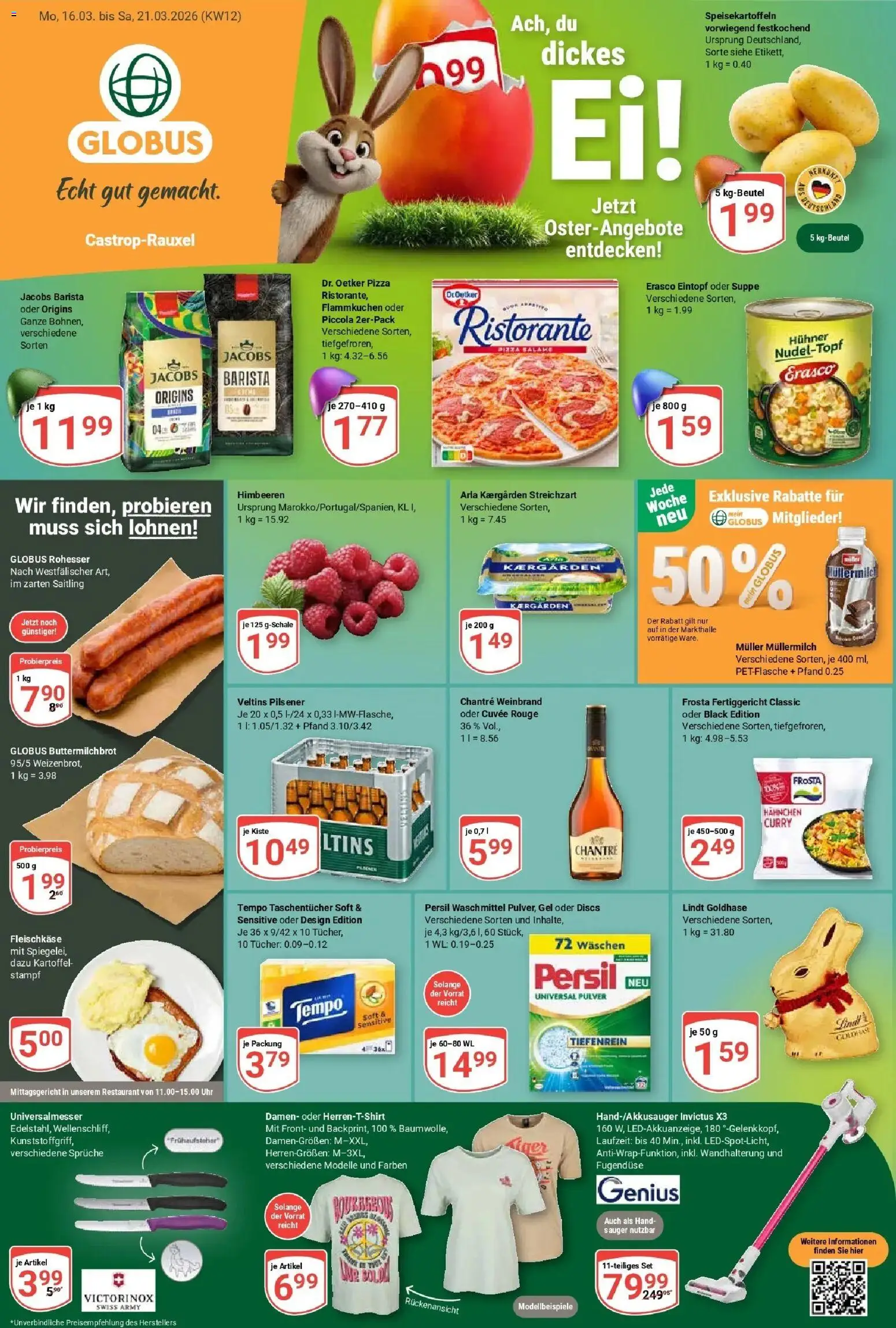 Vorschau von dem Prospekt des Geschäftes Globus, gültig ab dem 15.03.2026 - Frosta, Ristorante, Veltins, Waschmittel, Müllermilch, Tempo, Rouge, Taschentücher