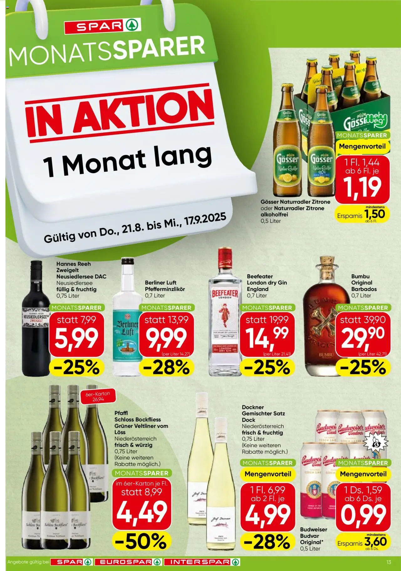  SPAR Flugblatt 21.08.2025 - Prospekt "Wien Monatssparer" - Seite 1