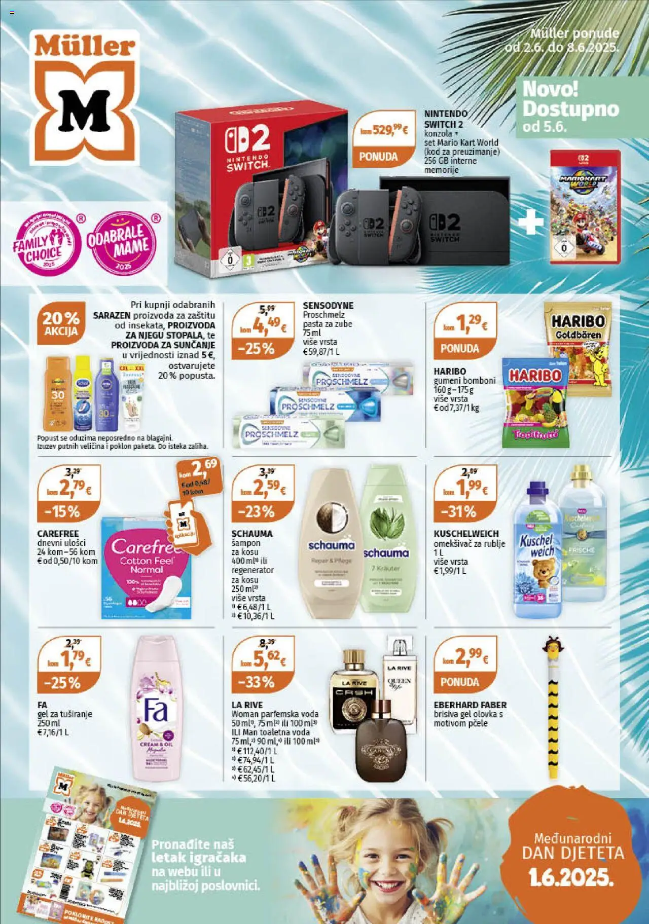 Müller aktualni Katalog vrijedi od 02.06.2025 - tjedna akcija broj stranice 1 - Dnevni ulošci, Regenerator, Regenerator za kosu, Gel za tuširanje, Omekšivač, Voda, Sensodyne, Nintendo Switch