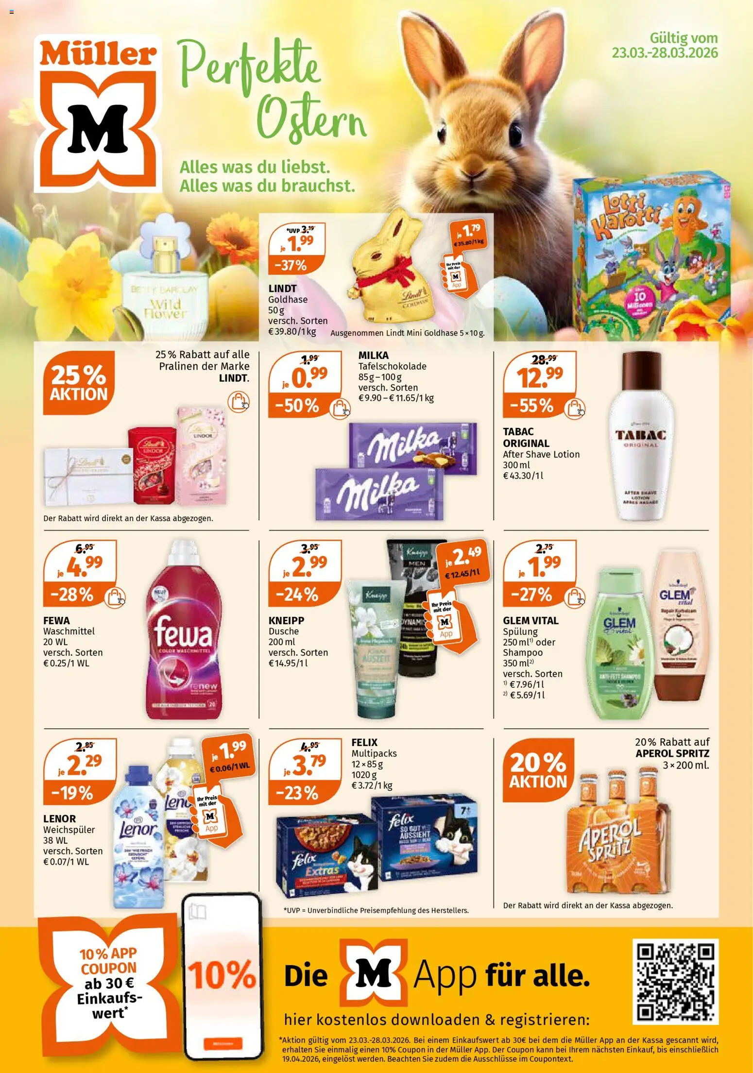 Vorschau der Angebote: Müller Müller Flugblatt gültig ab 23.03.2026 - Aperol, Dusche, Shampoo, Weichspüler, Waschmittel, Spülung