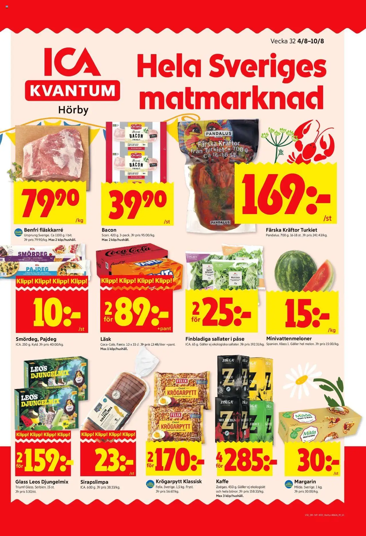 Hörby är giltig 04/08 2025 > Veckans Erbjudanden gäller från 04/08/2025 till 10/08/2025 sidnummer 1 - Glass, Kaffe, Kräftor, Smördeg, Galler, Spenat, Margarin, Fläskkarré
