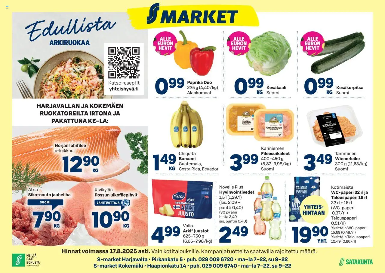 S-market-kaupan Harjavalta voimassa 13/08/2025 - Sivulla 1 - Jauheliha, Kesäkurpitsa, Juusto, Paprika, Hunaja, Paperi, Wc-paperi