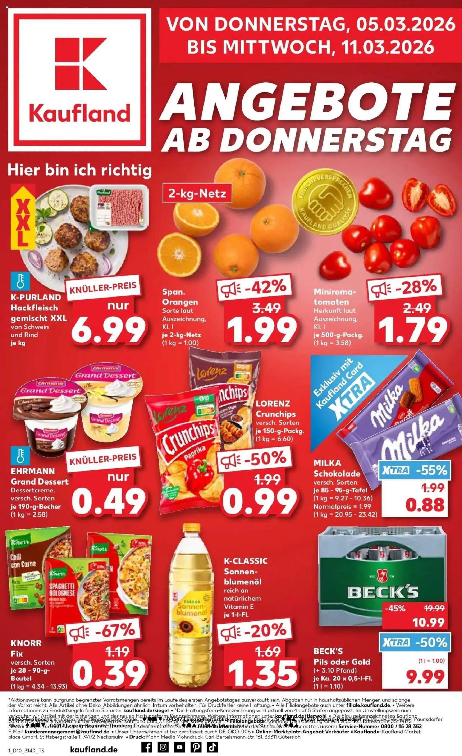Vorschau von dem Prospekt des Geschäftes Kaufland, gültig ab dem 05.03.2026 - Hackfleisch, Milka, Tomaten, Knorr fix, Pils, Ehrmann grand dessert, Lorenz crunchips, Sonnenblumenol