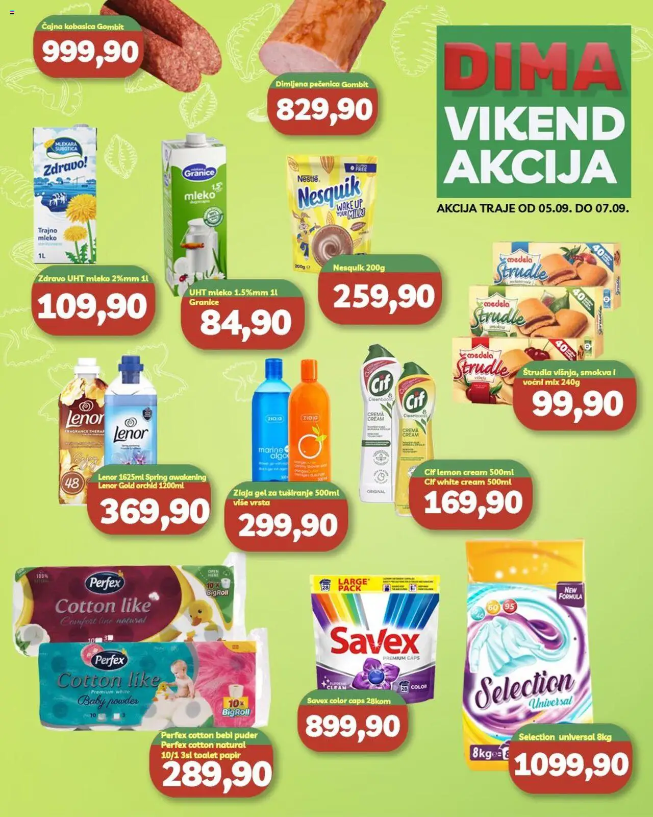 VP Dima katalog važi od 05.09.2025 - stranica 1 - Smokva, Mleko, Nesquik, Puder, Štrudla, Toalet papir, Pečenica, Gel za tuširanje